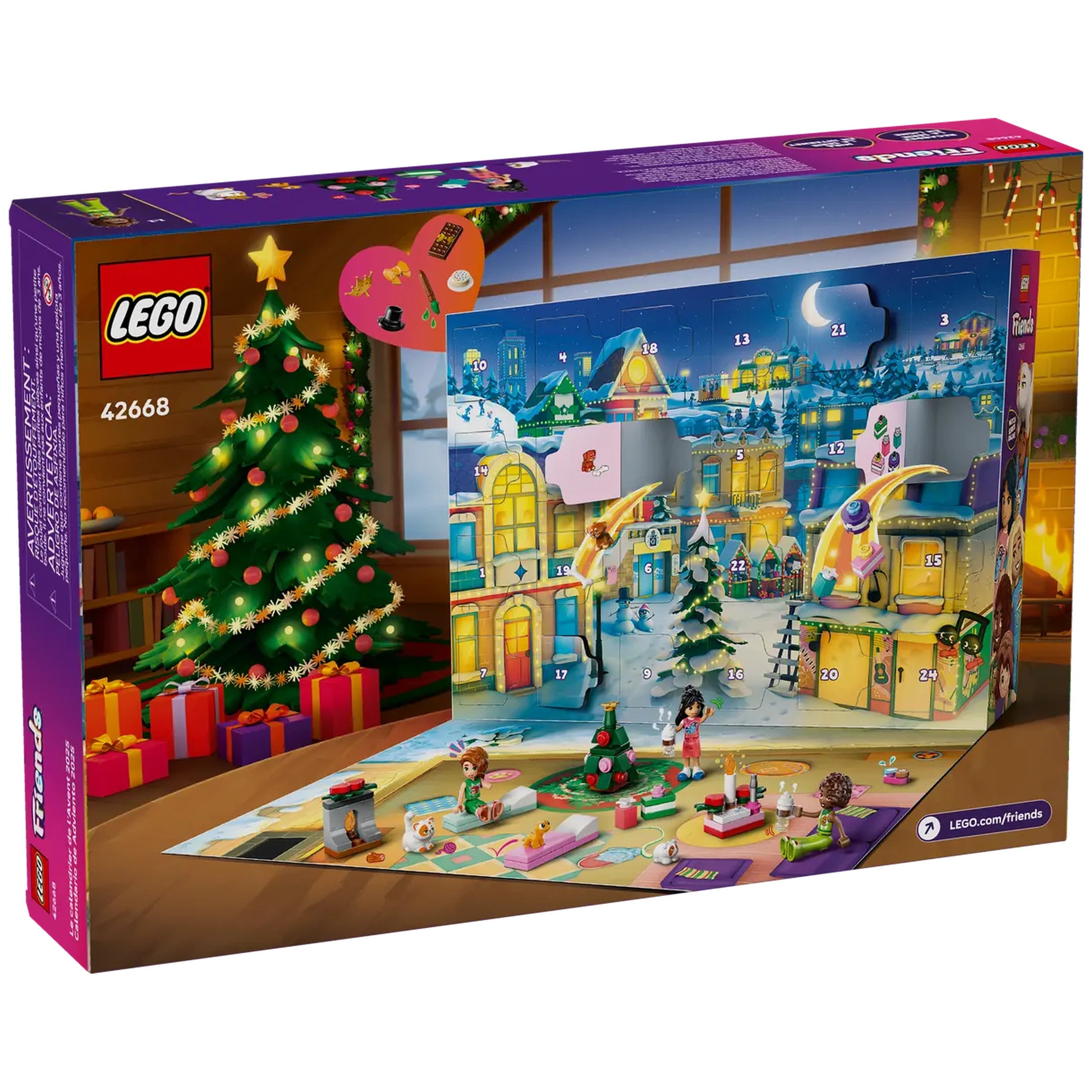 LEGO® Friends Advent Calendar 2025 box art showcasing a colorful winter scene with a decorated Christmas tree, gifts, and playful characters engaged in holiday activities.
