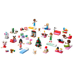 Assorted LEGO® Friends Advent Calendar 2025 pieces, including five minidolls, mini pets, a decorated Christmas tree, and festive decorations arranged on a white background.