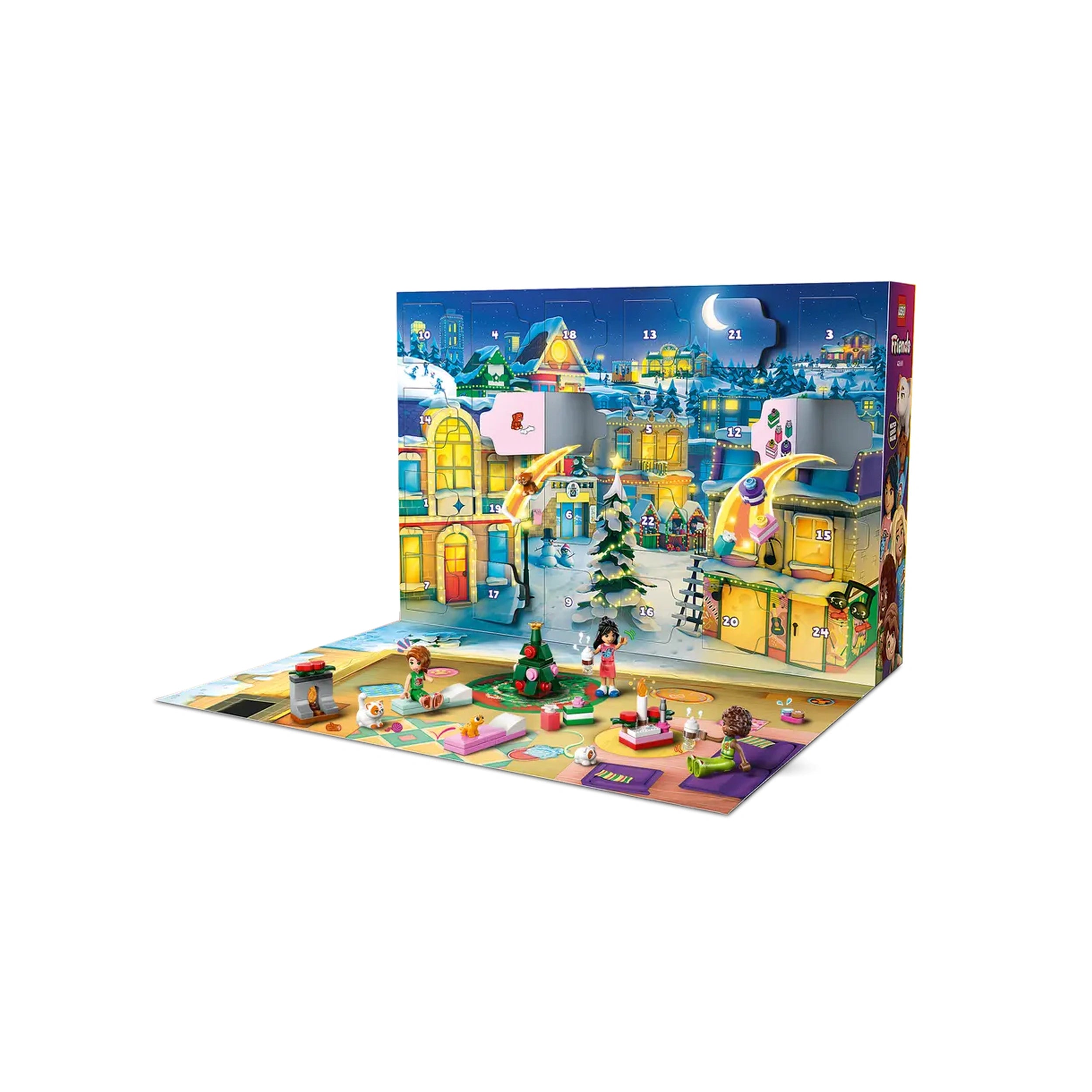 Colorful LEGO® Friends Advent Calendar featuring a festive winter scene, decorated tree, playful minidolls, and animals in a cozy holiday setting.
