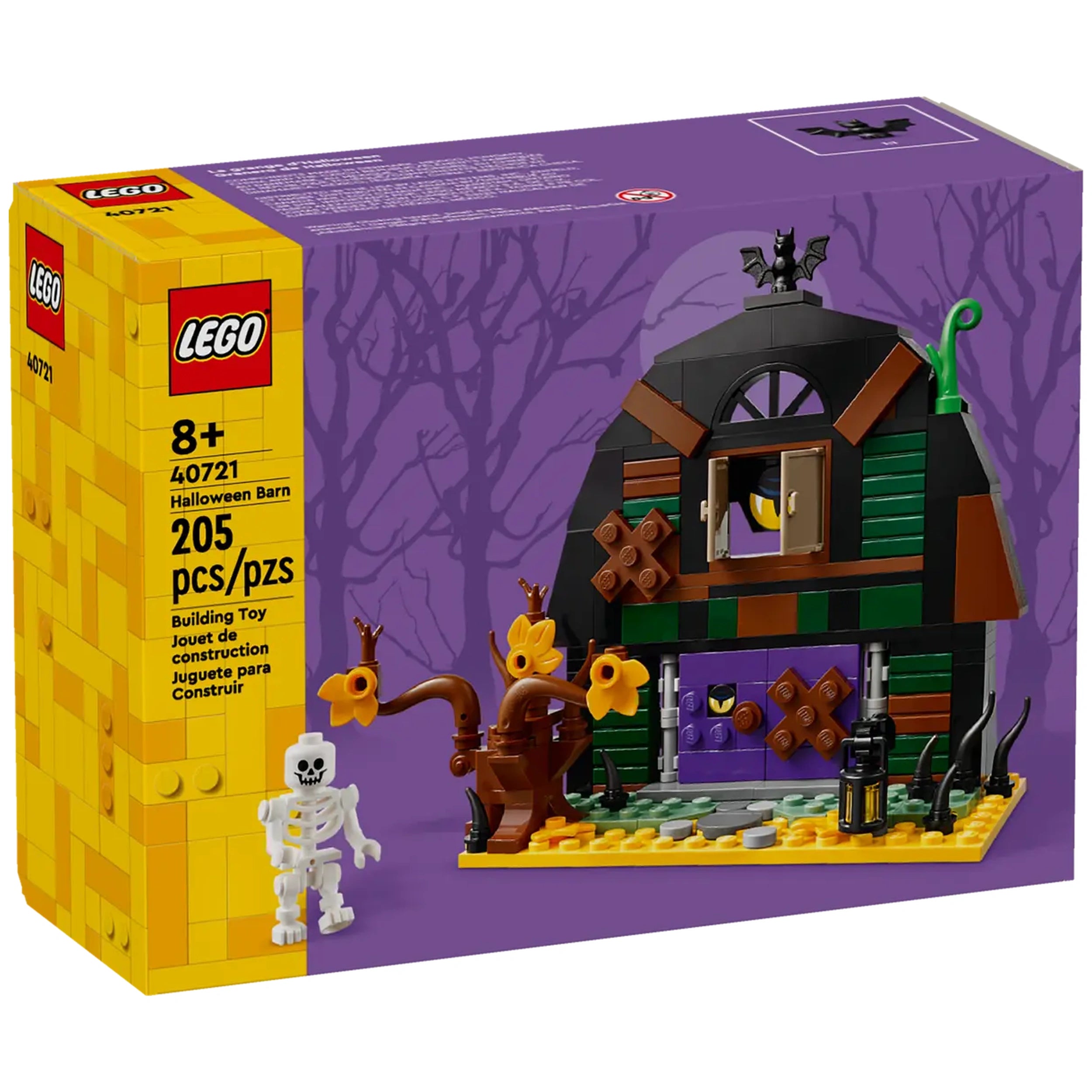 LEGO Halloween Barn set featuring a spooky barn with purple and green details, a skeleton minifigure, and Halloween-themed elements.