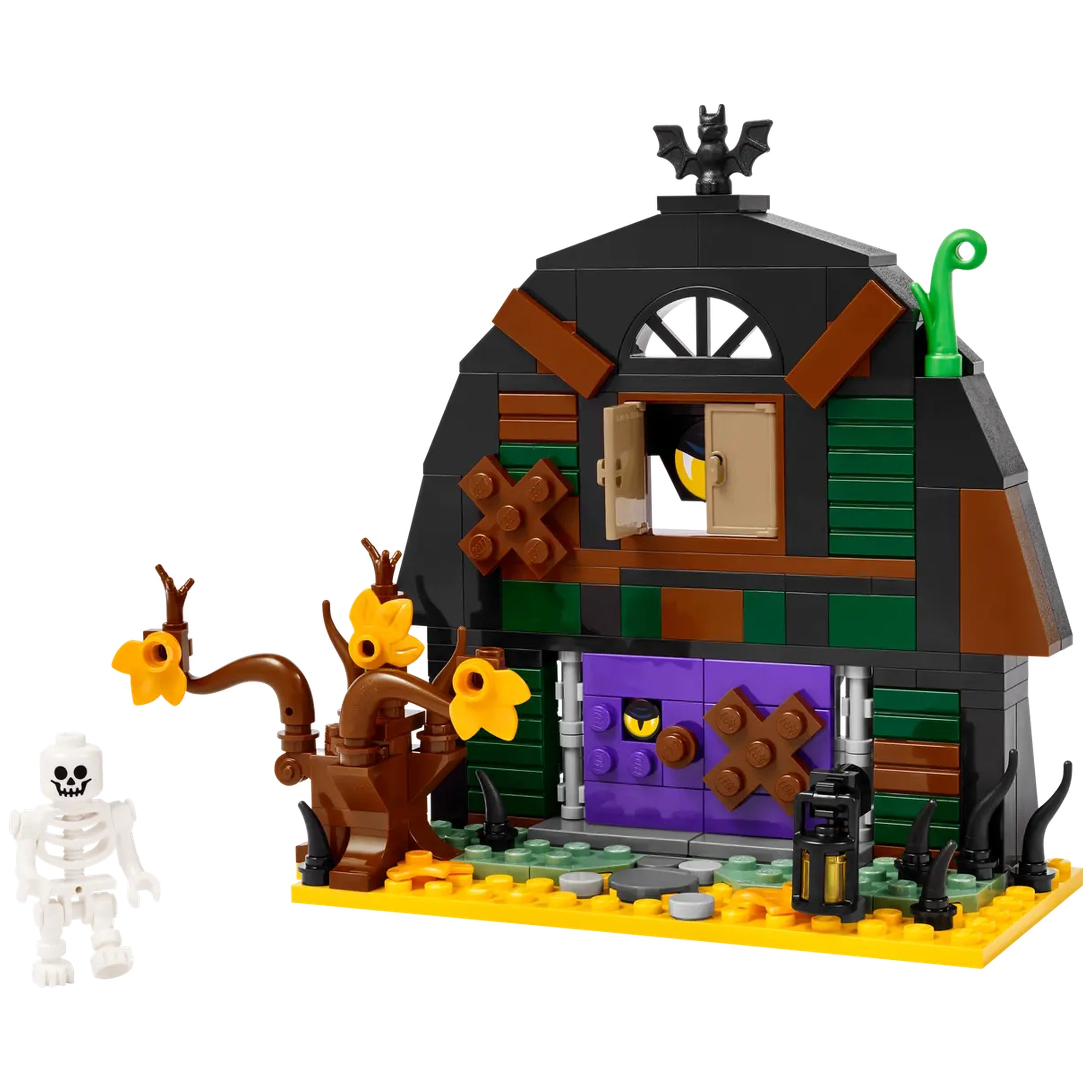 LEGO Halloween Barn set featuring a spooky barn with a dilapidated exterior, skeleton minifigure, and Halloween-themed details.