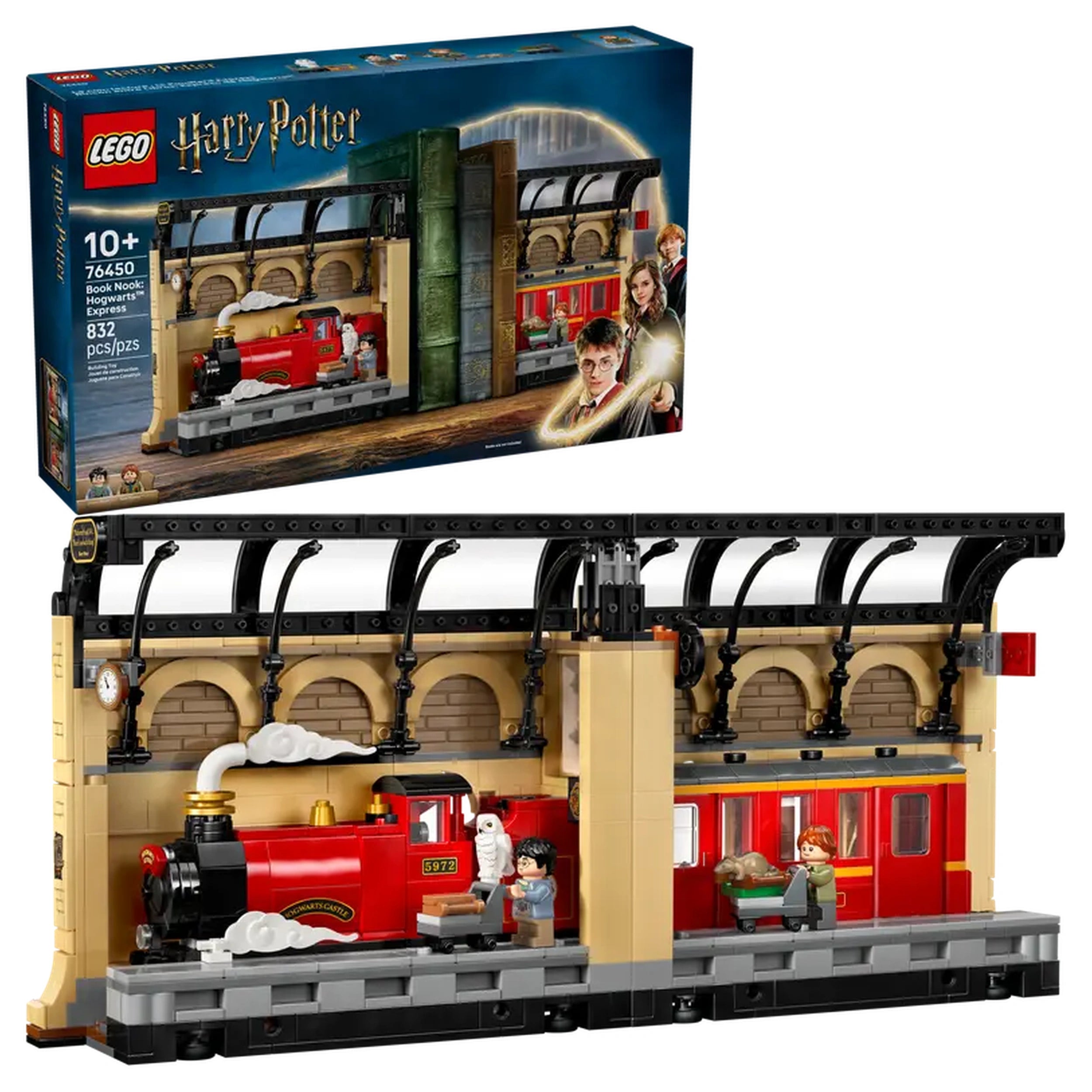LEGO Harry Potter Book Nook featuring the Hogwarts Express with a detailed locomotive and carriage, showcasing minifigures of Harry, Ron, and their pets at King's Cross Station.