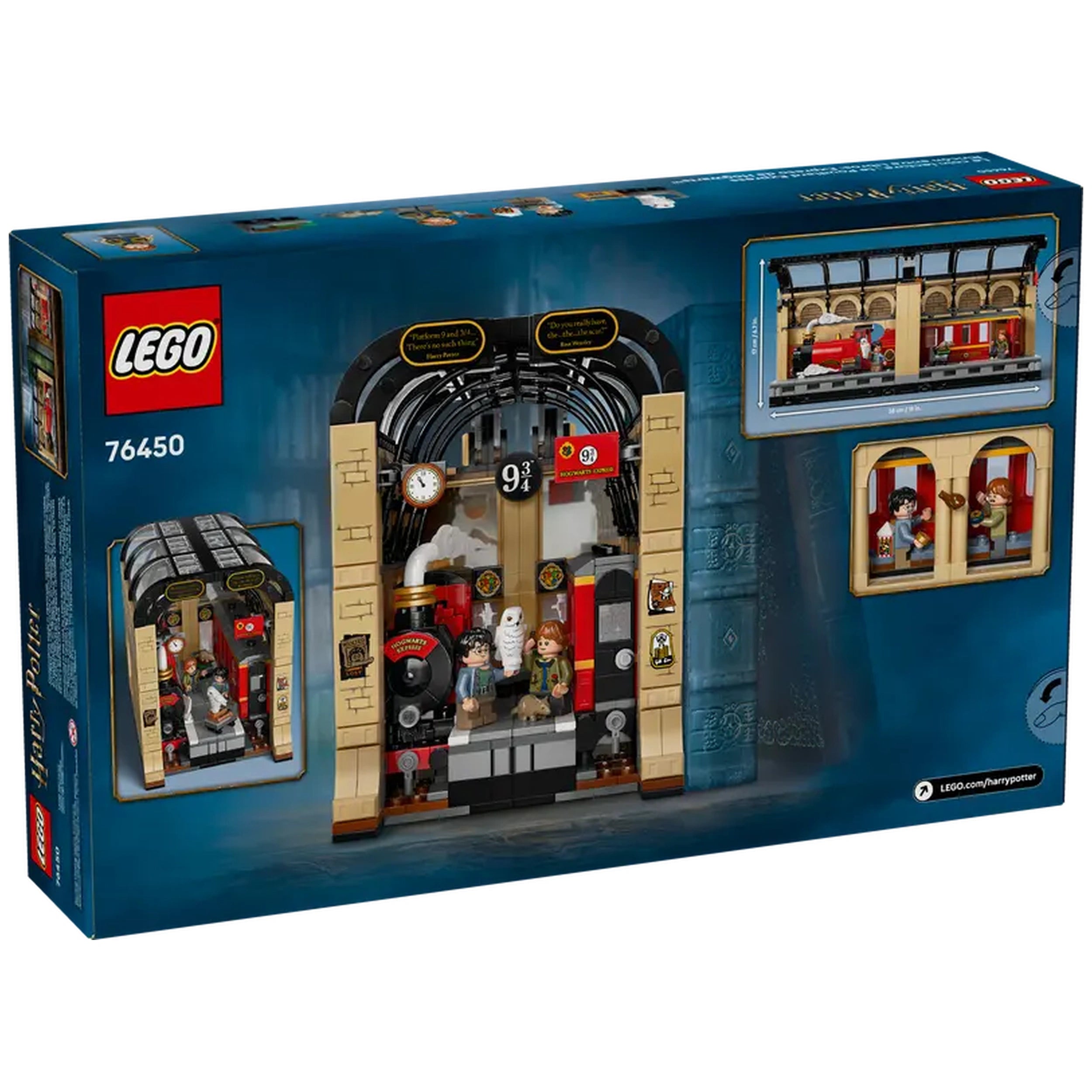 LEGO Harry Potter Book Nook featuring a detailed Hogwarts Express scene, with minifigures of Harry, Ron, and their pets in front of a train platform.