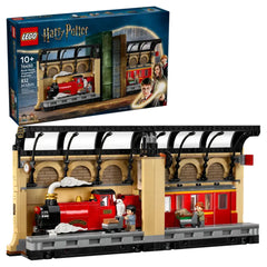 LEGO Harry Potter Book Nook featuring the Hogwarts Express with a detailed locomotive and carriage, showcasing minifigures of Harry, Ron, and their pets at King's Cross Station.