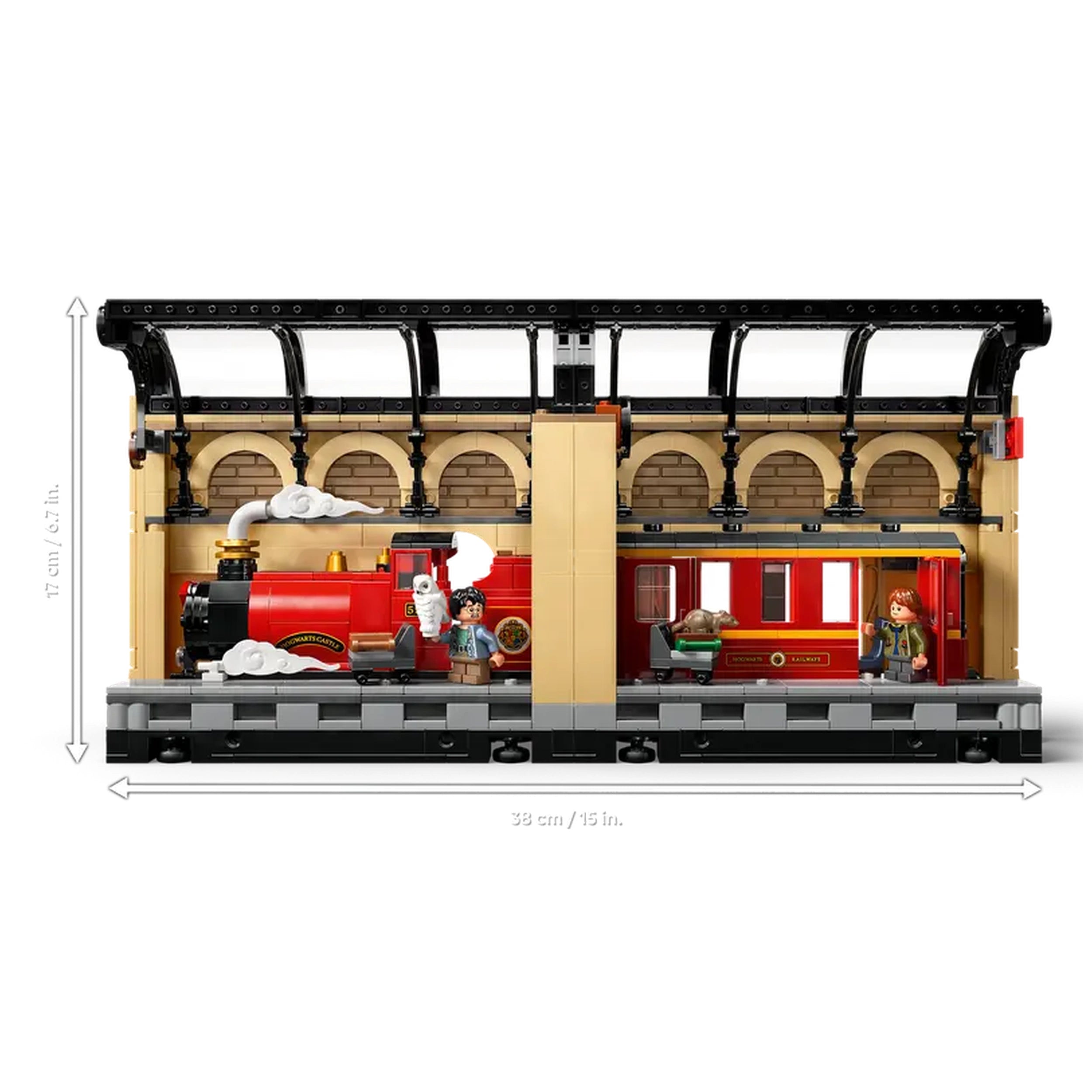 LEGO Harry Potter Book Nook featuring a detailed scene of the Hogwarts Express at King's Cross Station, with minifigures of Harry, Ron, and their pets.