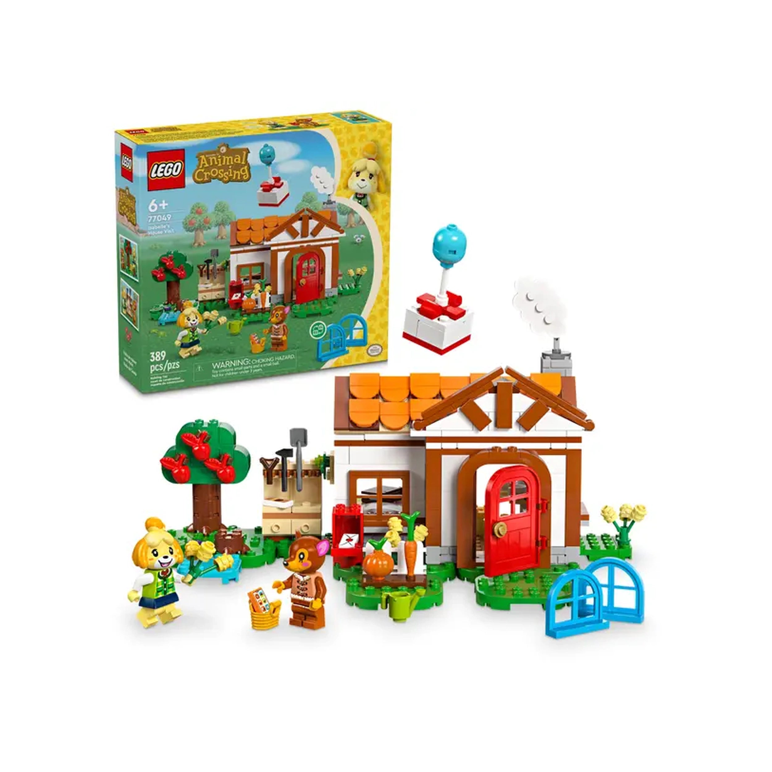 LEGO® Animal Crossing™ Isabelle’s House Visit set featuring a playful scene with Isabelle and a bear character, a charming house with a red door and brown roof, surrounded by greenery, flowers, and apple trees, along with a colorful balloon and interactive elements.