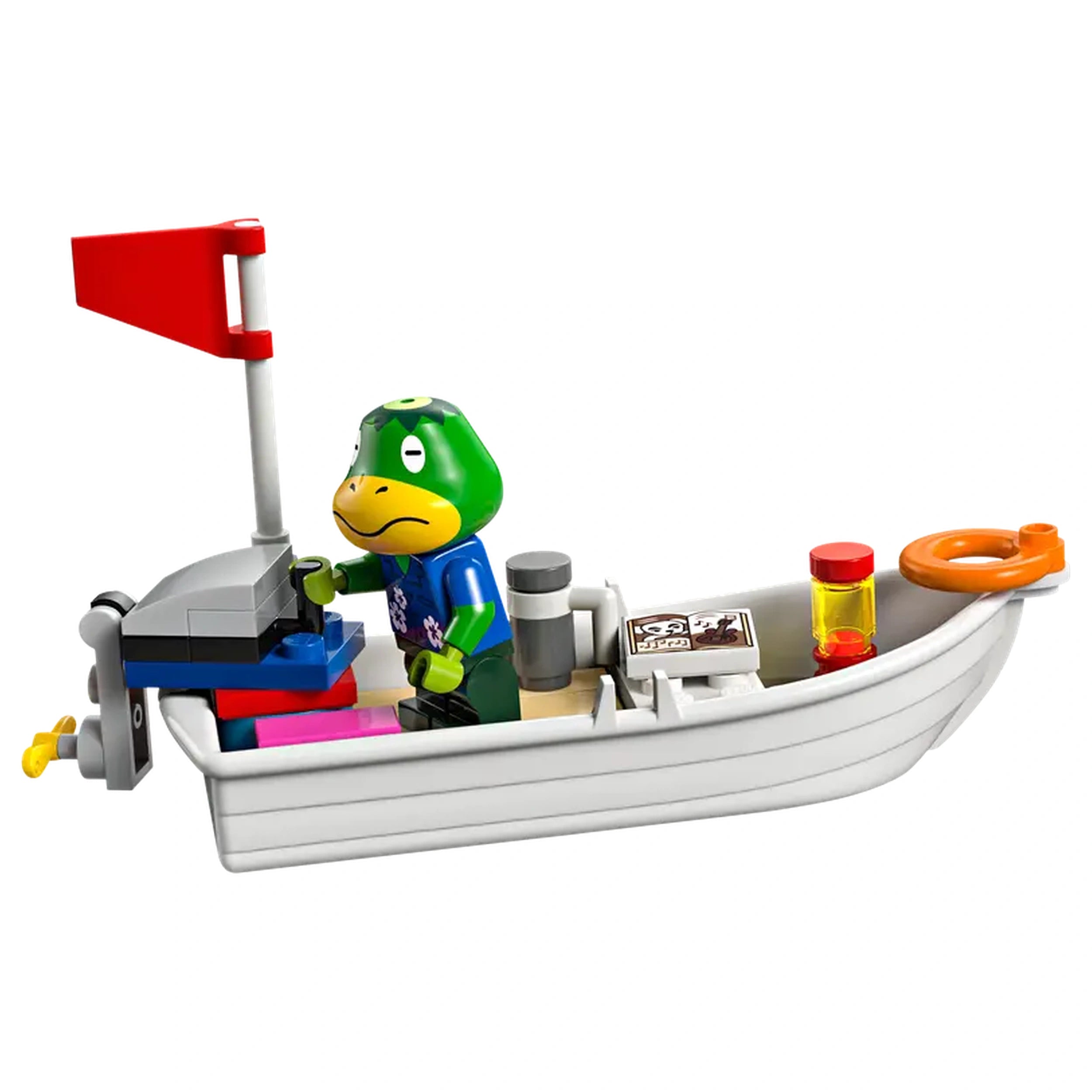 Kapp’n, the green turtle figure, stands at the helm of a small white boat with a red flag. The boat features colorful elements like a blue control panel, a life ring, and various containers, reflecting the fun and creativity of the LEGO® Animal Crossing™ set.