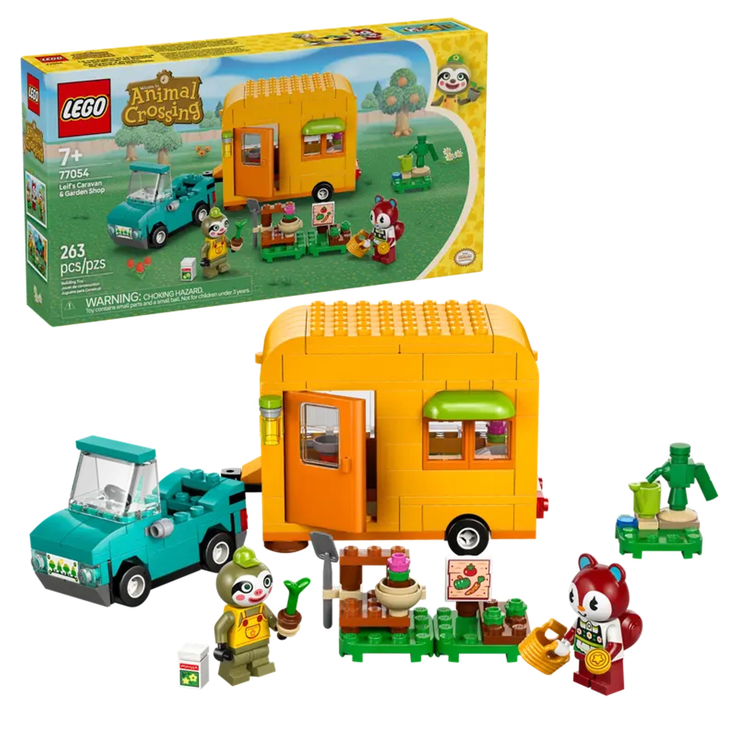 LEGO® Animal Crossing™ Leif's Caravan & Garden Shop set features a vibrant yellow caravan, a teal car, and minifigures of Leif the sloth and Poppy the squirrel, surrounded by gardening accessories and plants.