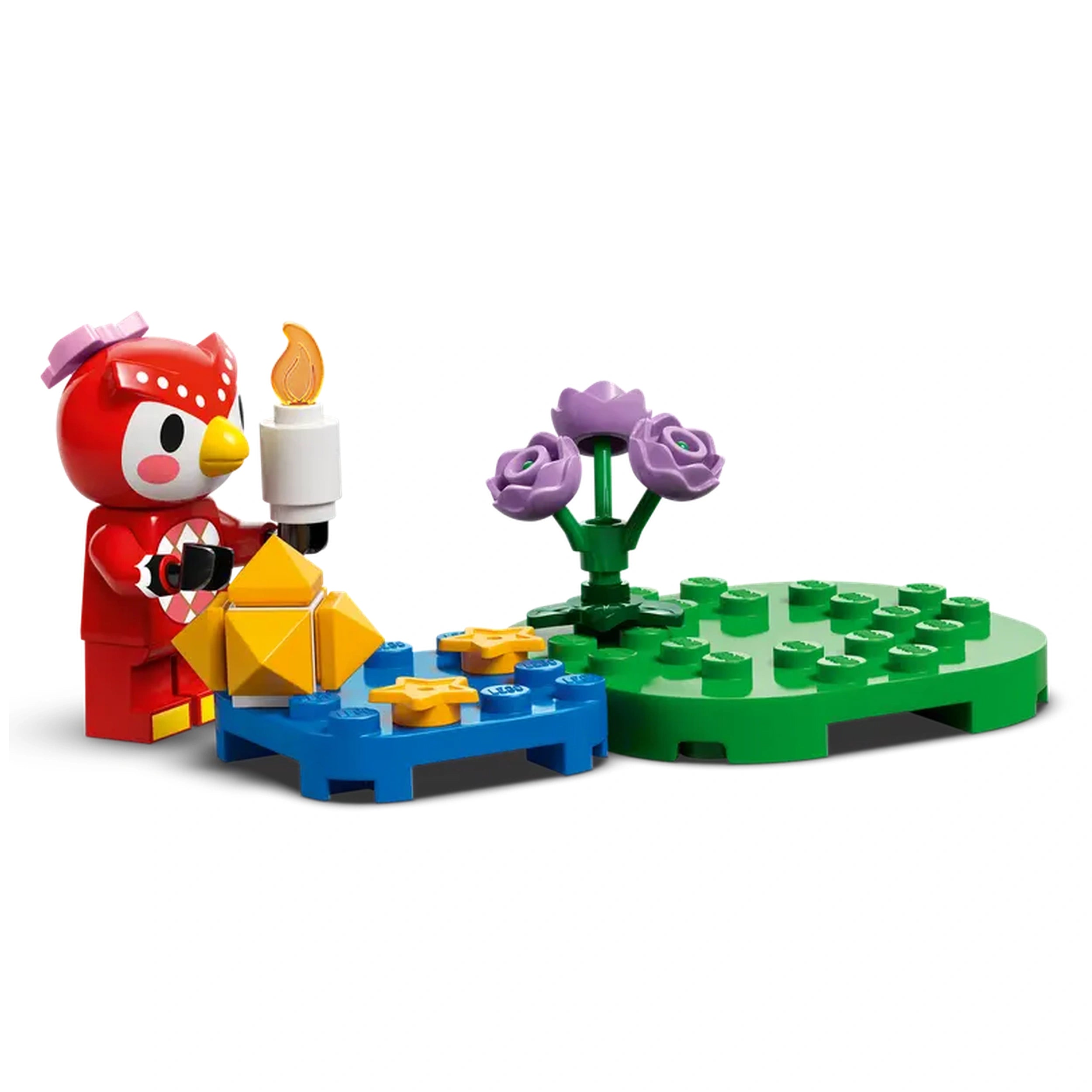 Celeste, a red owl minifigure from Animal Crossing, holds a candle while standing beside a blue base with yellow stars and a purple flower.