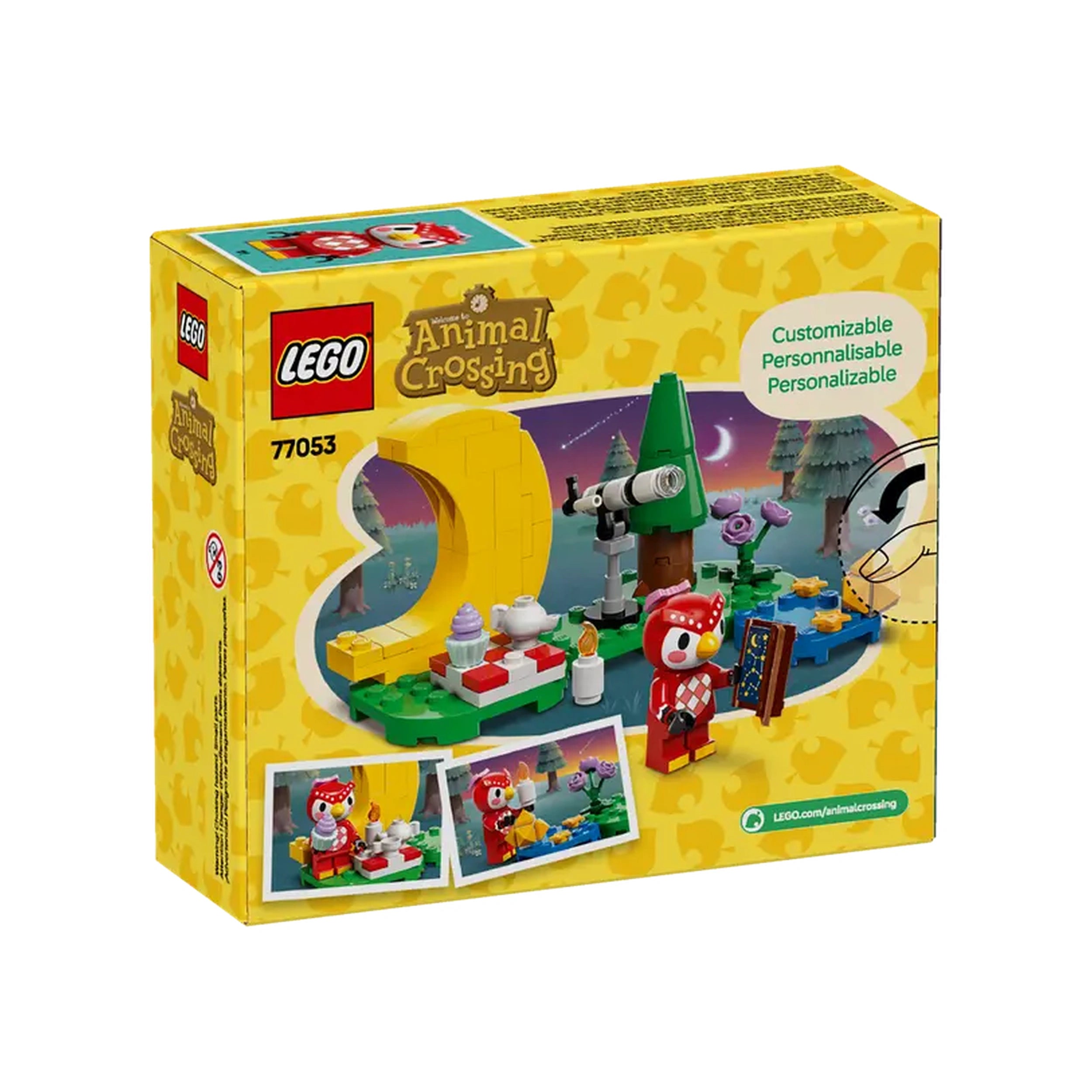 LEGO® Animal Crossing™ Stargazing with Celeste set featuring a telescopic toy, a minifigure of Celeste the owl, and an outdoor scene with trees and flowers.