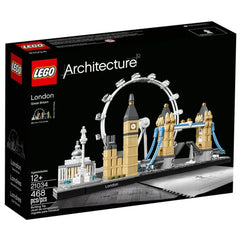 LEGO Architecture London set showcasing iconic landmarks including Big Ben, Tower Bridge, and the London Eye against a black background.