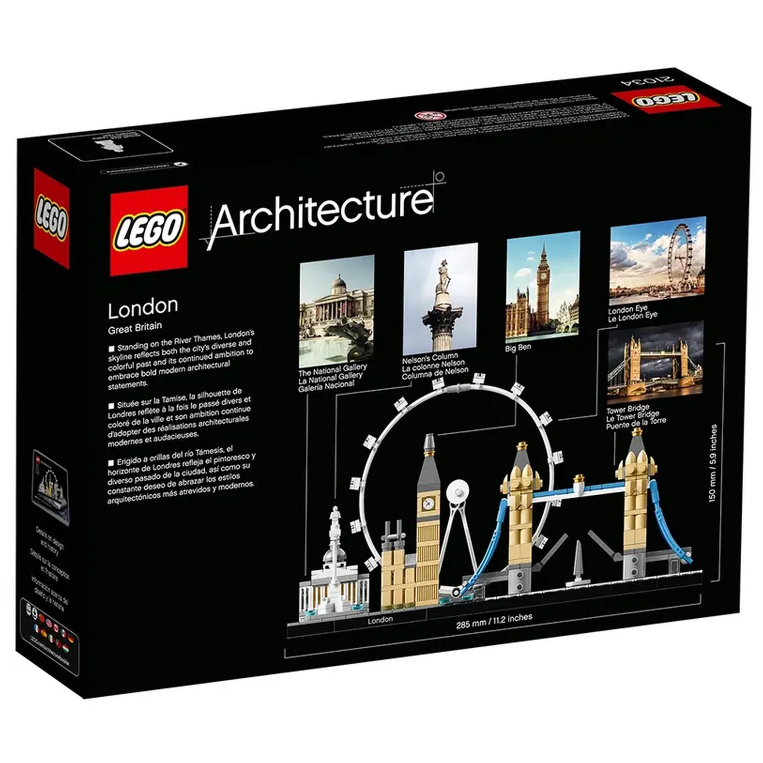 Lego Architecture London set box featuring iconic landmarks: Big Ben, Tower Bridge, London Eye, National Gallery, and Nelson’s Column.