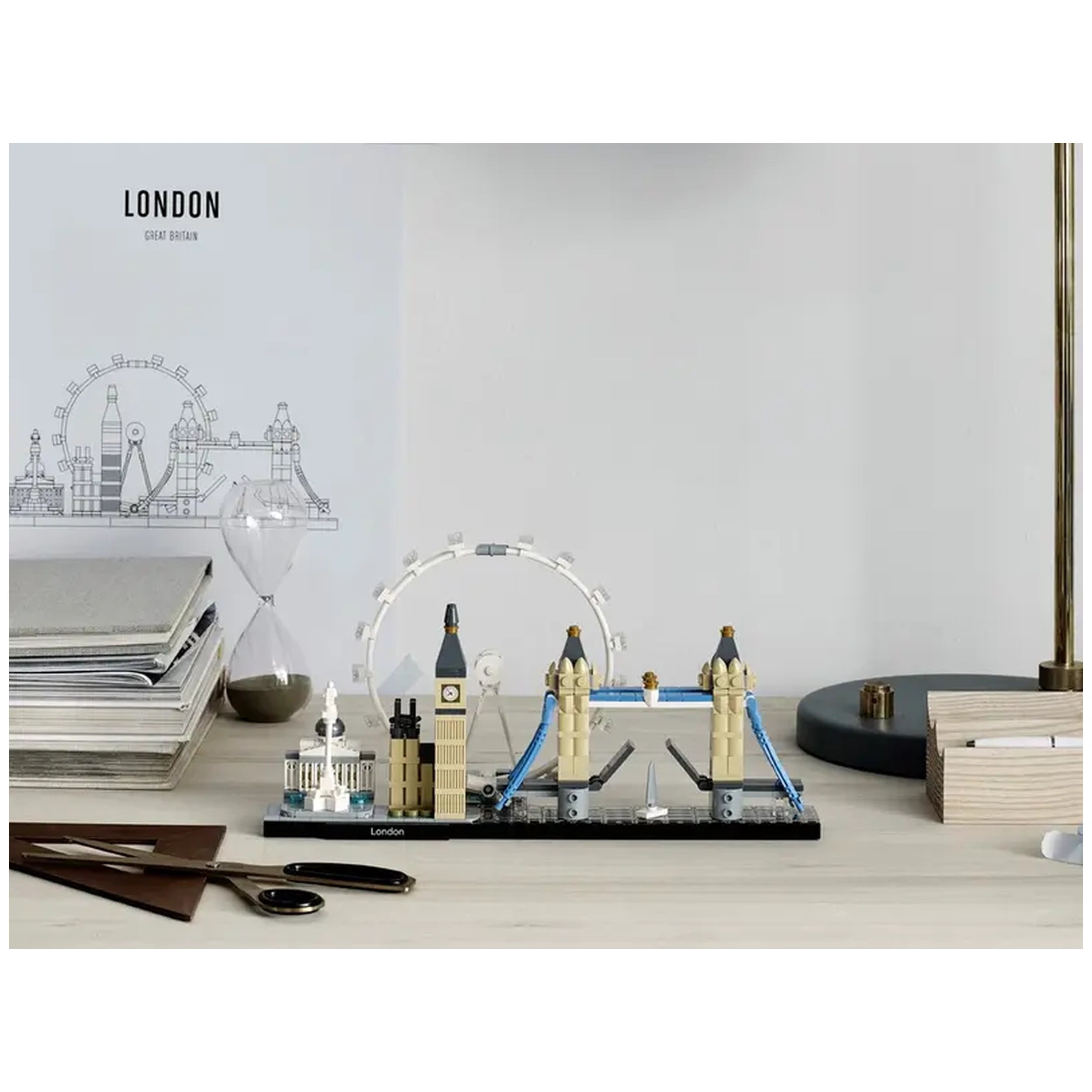 LEGO Architecture London Construction Set featuring Big Ben, Tower Bridge, and the London Eye on a minimalistic desk setting.