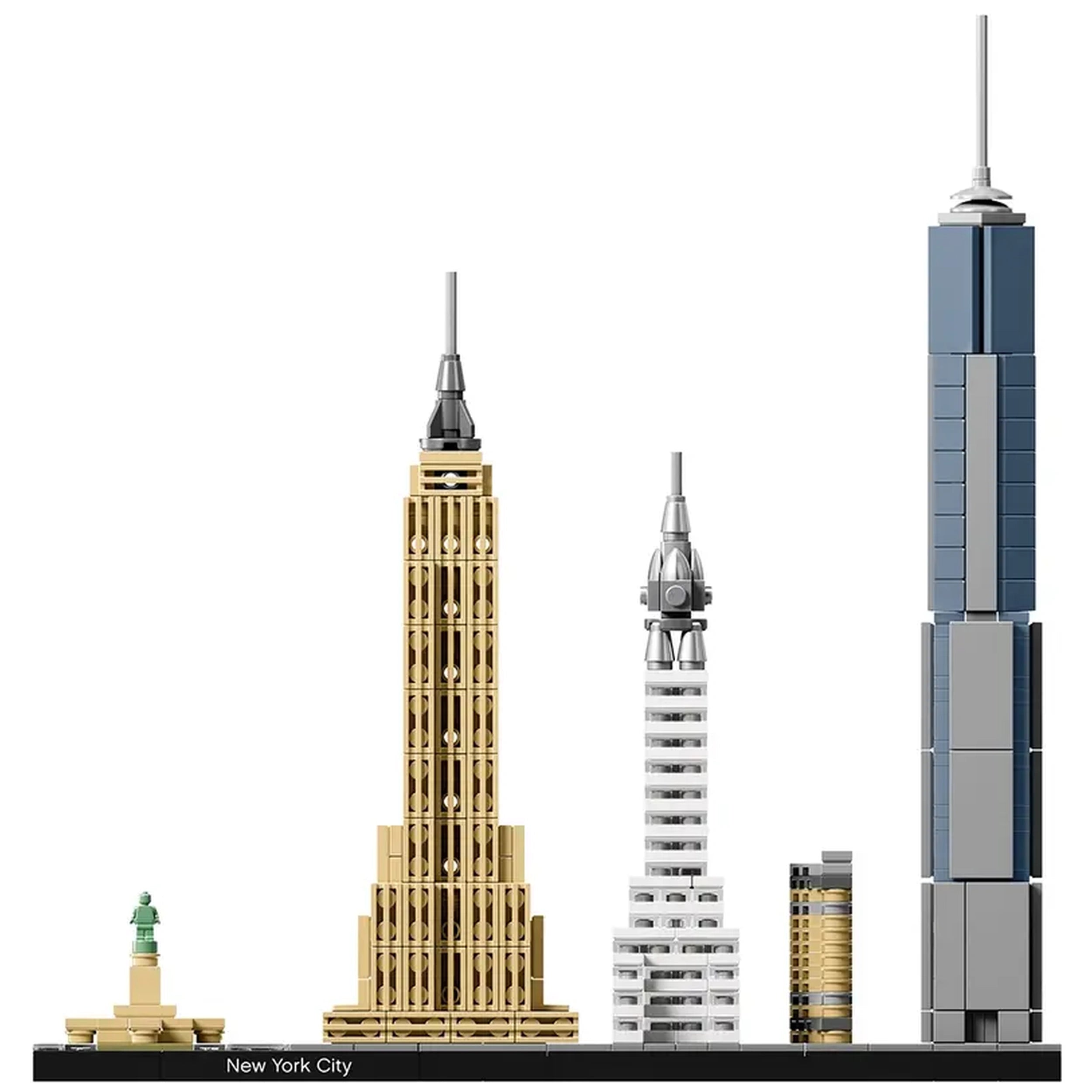 LEGO Architecture New York City set showcasing detailed models of iconic skyscrapers: Empire State Building, Chrysler Building, One World Trade Center, and Statue of Liberty, all on a black base with a decorative nameplate.
