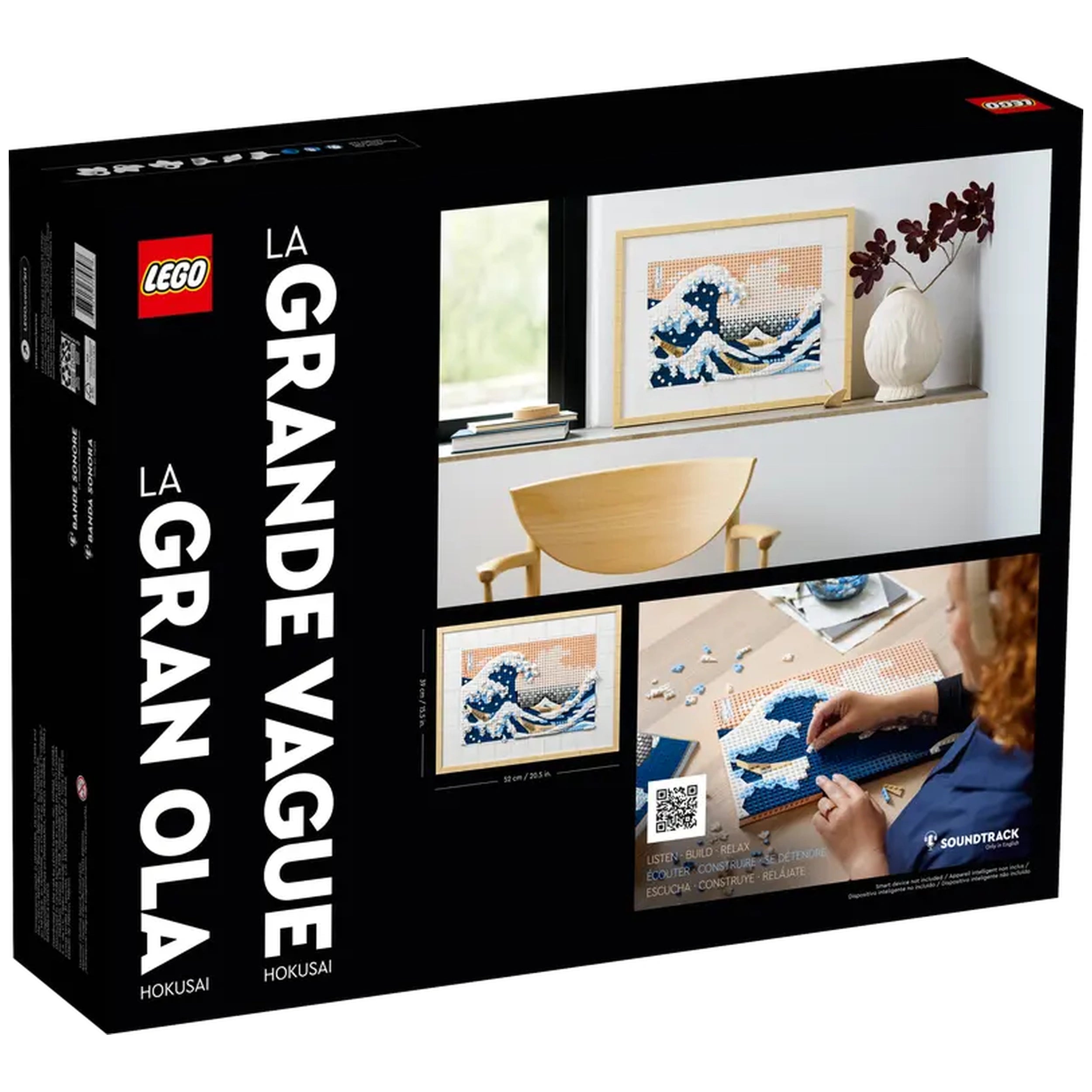 LEGO® Art Hokusai - The Great Wave construction set packaging with images of assembled art, pieces spread out on a table, and a cozy room setting.