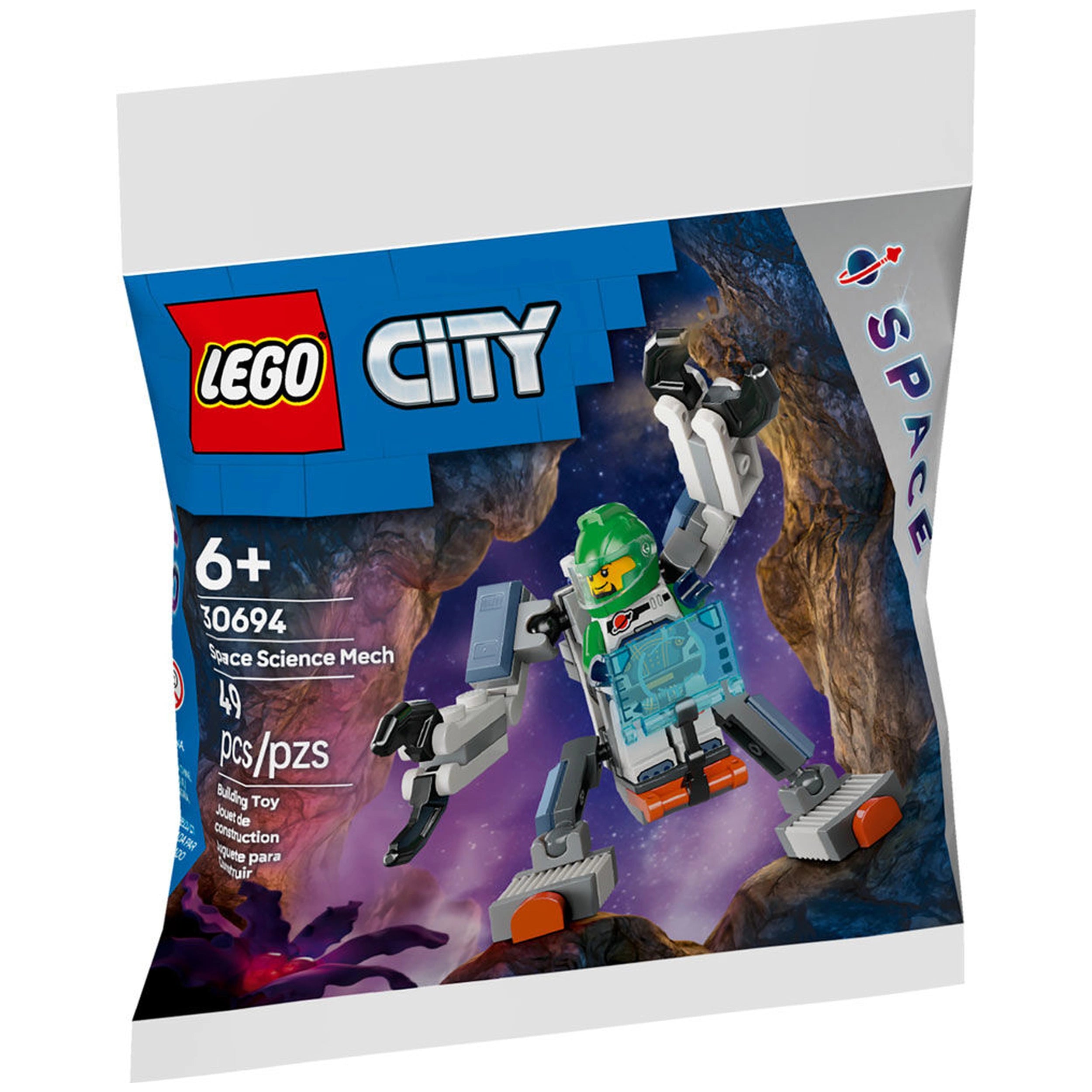 LEGO City Space Science Mech construction set featuring a detailed mech suit with claw hands, astronaut minifigure, and colorful packaging.