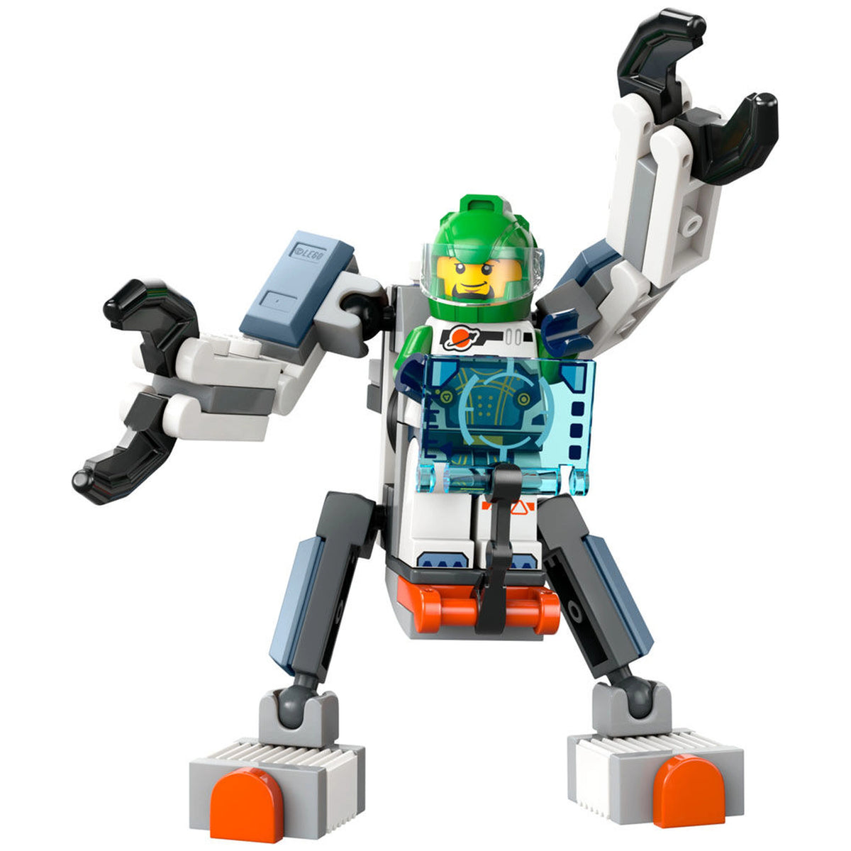 LEGO City Space Science Mech with a green helmeted astronaut in a clawed mech suit, displaying a futuristic design with colorful features.