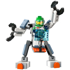LEGO City Space Science Mech with a green helmeted astronaut in a clawed mech suit, displaying a futuristic design with colorful features.