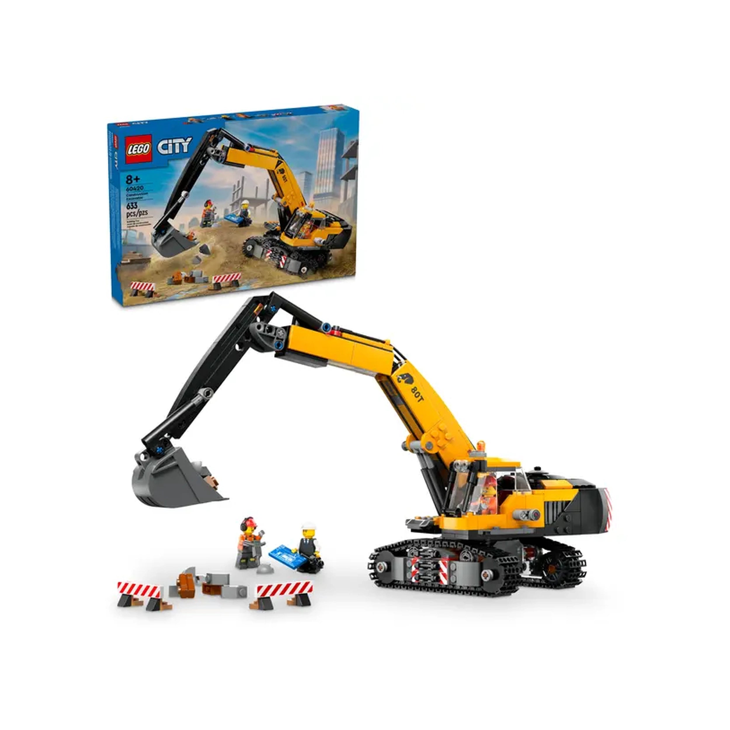 LEGO® City Yellow Construction Excavator set with a movable arm, two minifigures, construction barriers, and a colorful box in the background.