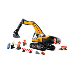 LEGO® City Yellow Construction Excavator set featuring a detailed digger, three minifigures in construction attire, and safety barriers on a white background.