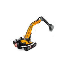 LEGO® City Yellow Construction Excavator set featuring a detailed digger with a rotating boom, ground-gripping tracks, and a gray shovel attachment.