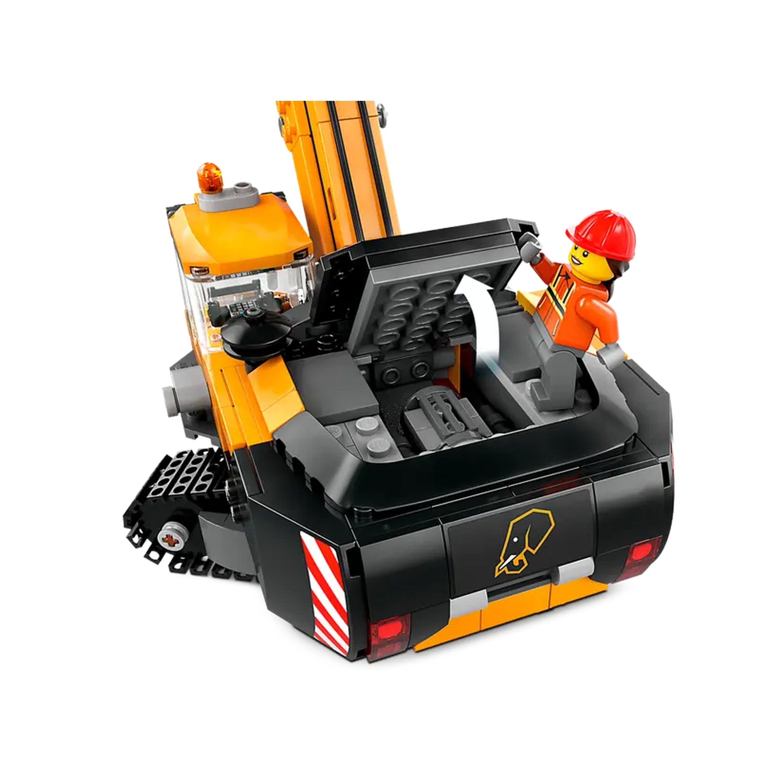 LEGO® City Yellow Construction Excavator set featuring a detailed digger with a rotating cab and a construction worker in a hard hat, shown from the back.