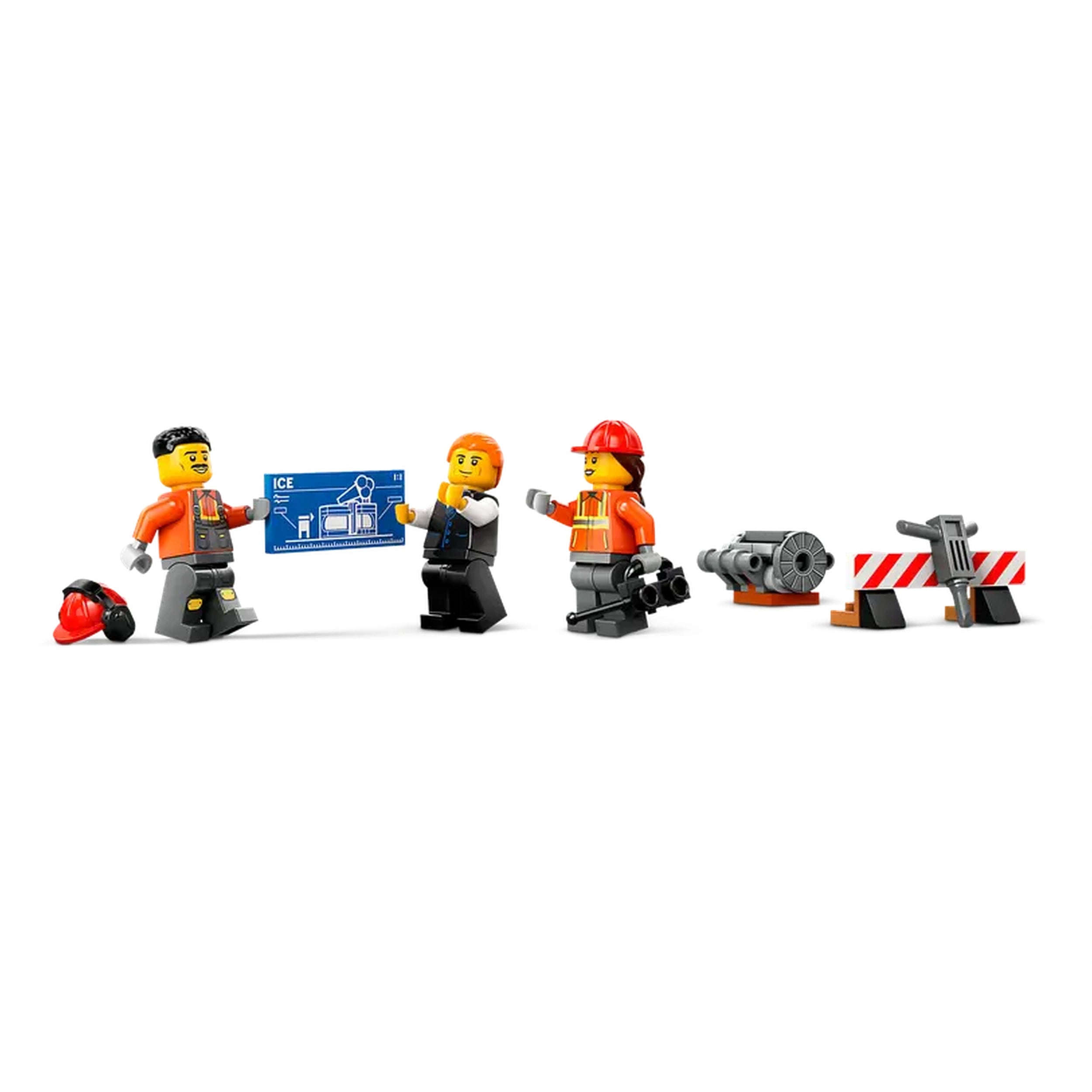 Three LEGO minifigures: a driver in orange holding a blueprint, a construction worker in an orange helmet, and an architect in a suit. They're surrounded by a construction site scene with a jackhammer, a barrier, and construction tools.