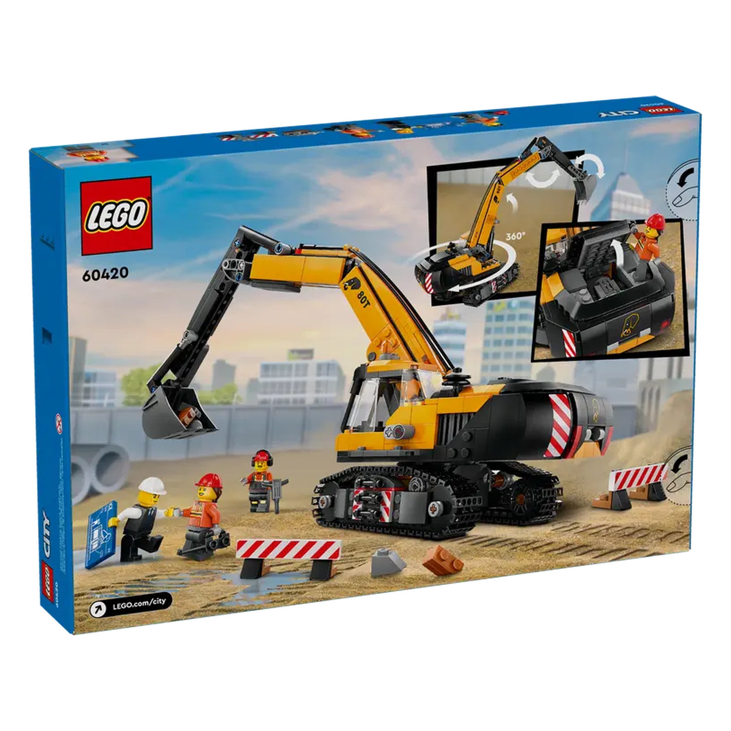 LEGO® City Yellow Construction Excavator set (60420) displayed on a box, featuring a detailed digger, minifigures, and construction accessories on a sandy background.