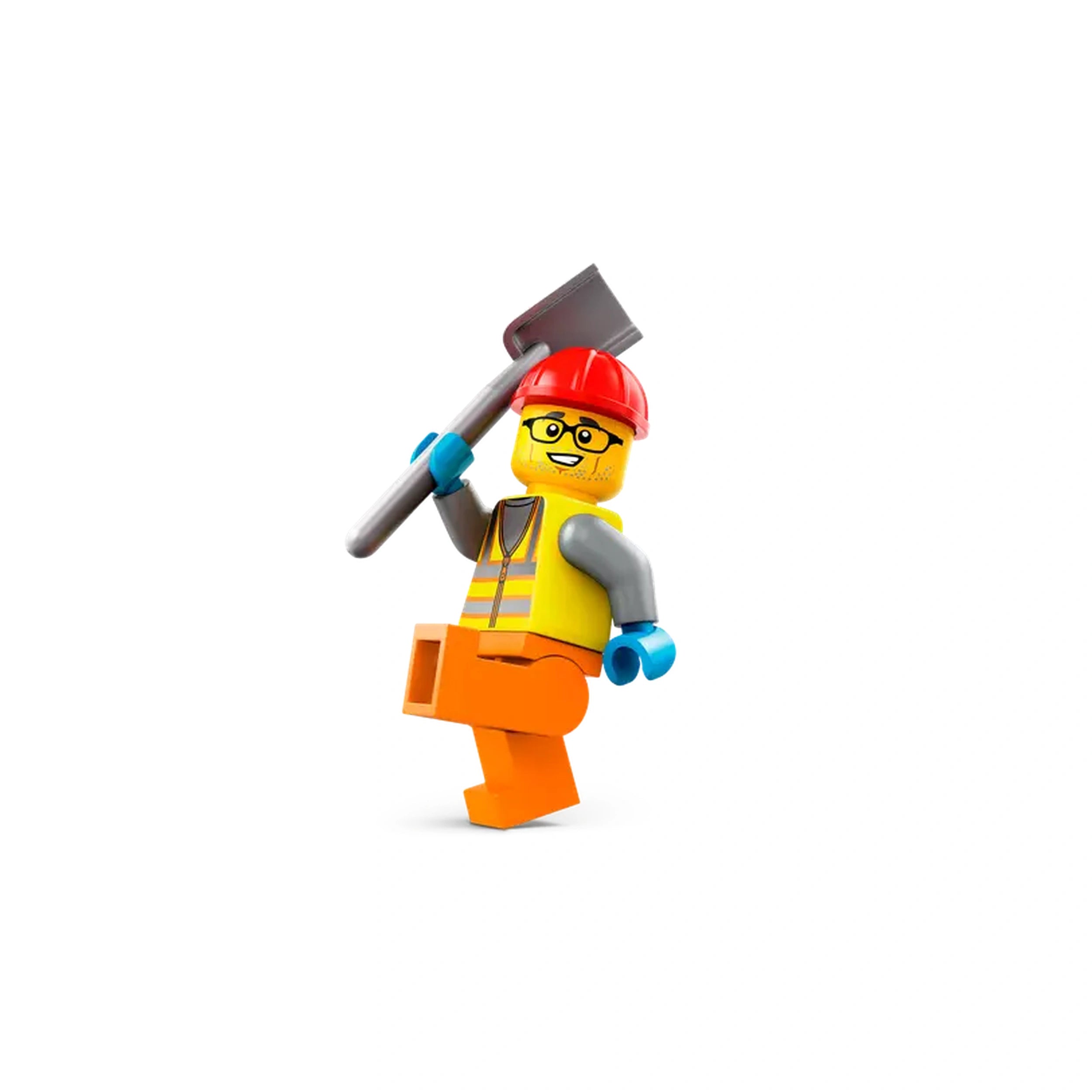 A cheerful LEGO construction worker minifigure wearing a red hard hat, yellow vest, and orange pants, holding a shovel aloft.