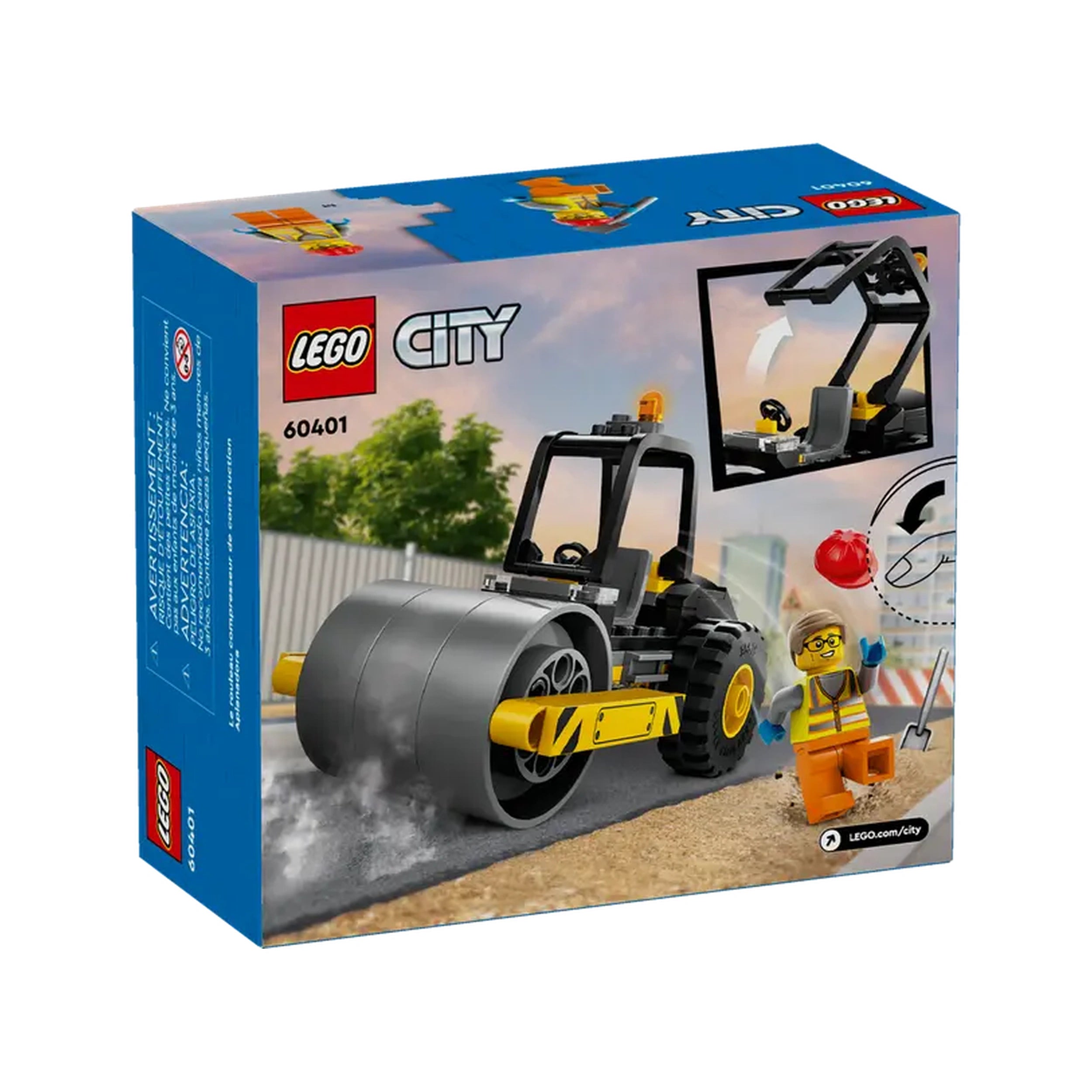 LEGO City Construction Steamroller set featuring a toy steamroller with chunky tires, a shiny drum, and a construction worker minifigure with a shovel.