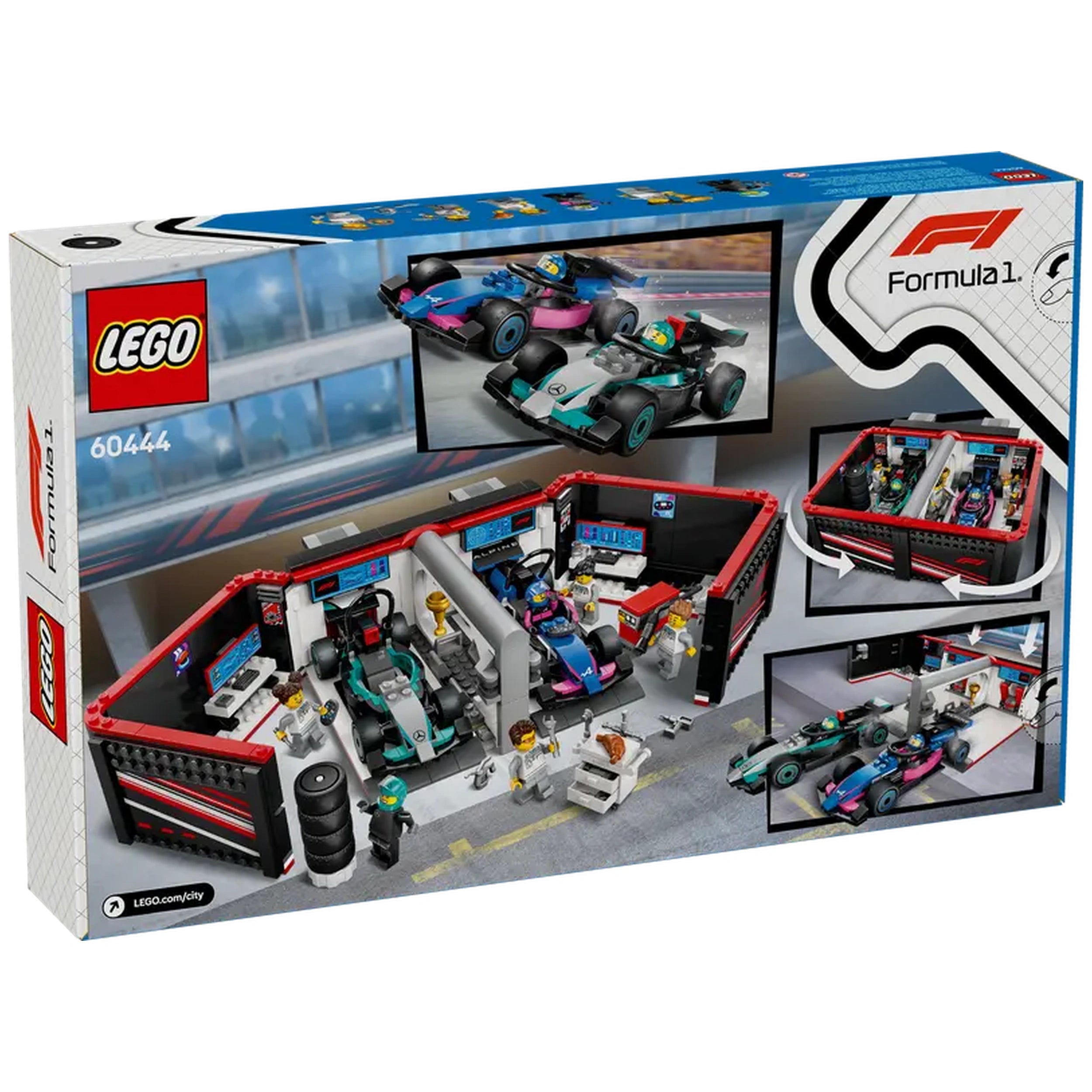 LEGO® City F1® Garage set displaying a detailed garage with two race cars, workstations, tools, and mini-figures, suggesting imaginative play.