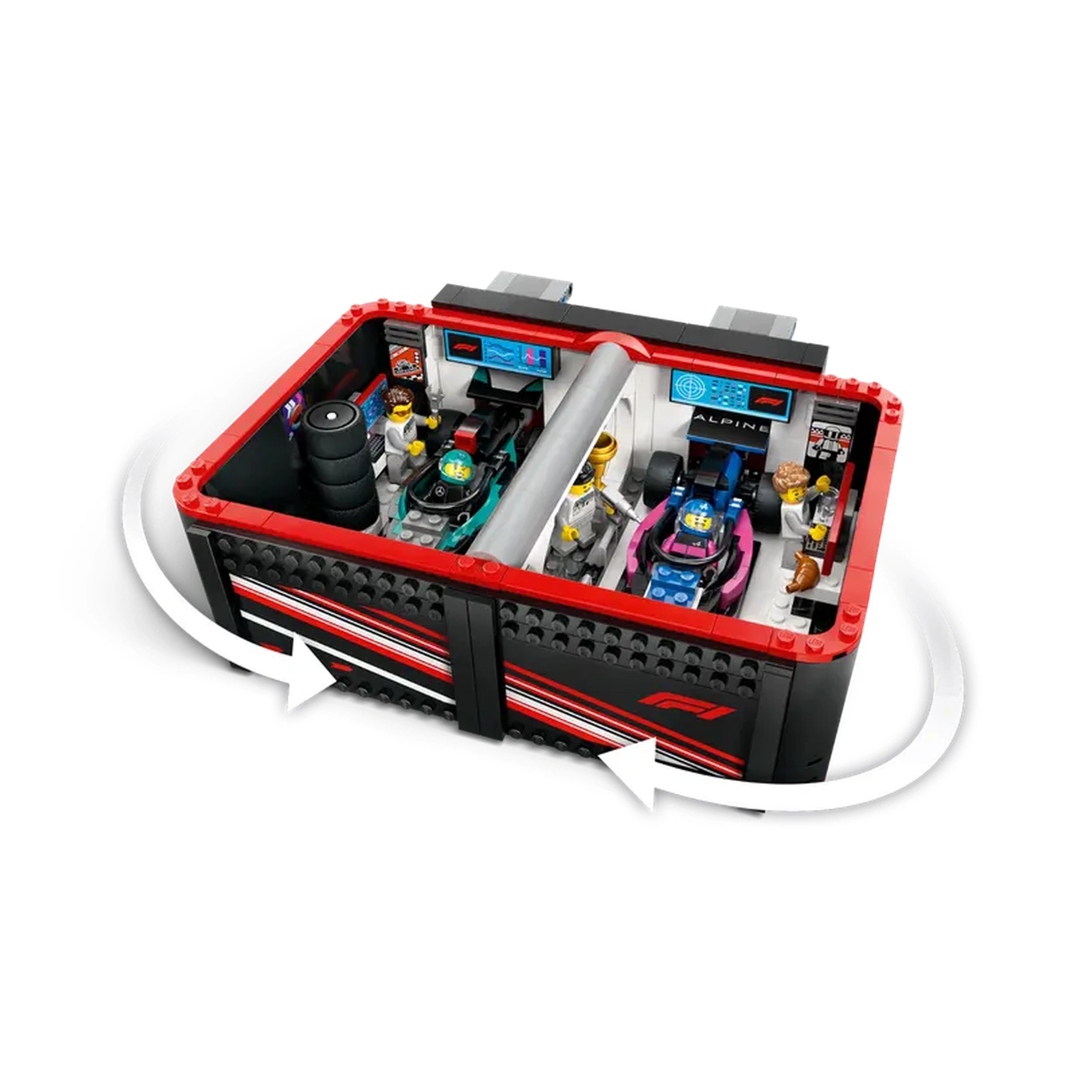 LEGO® City F1® Garage featuring two colorful race cars, detailed workshop tools, and accessories for imaginative play.