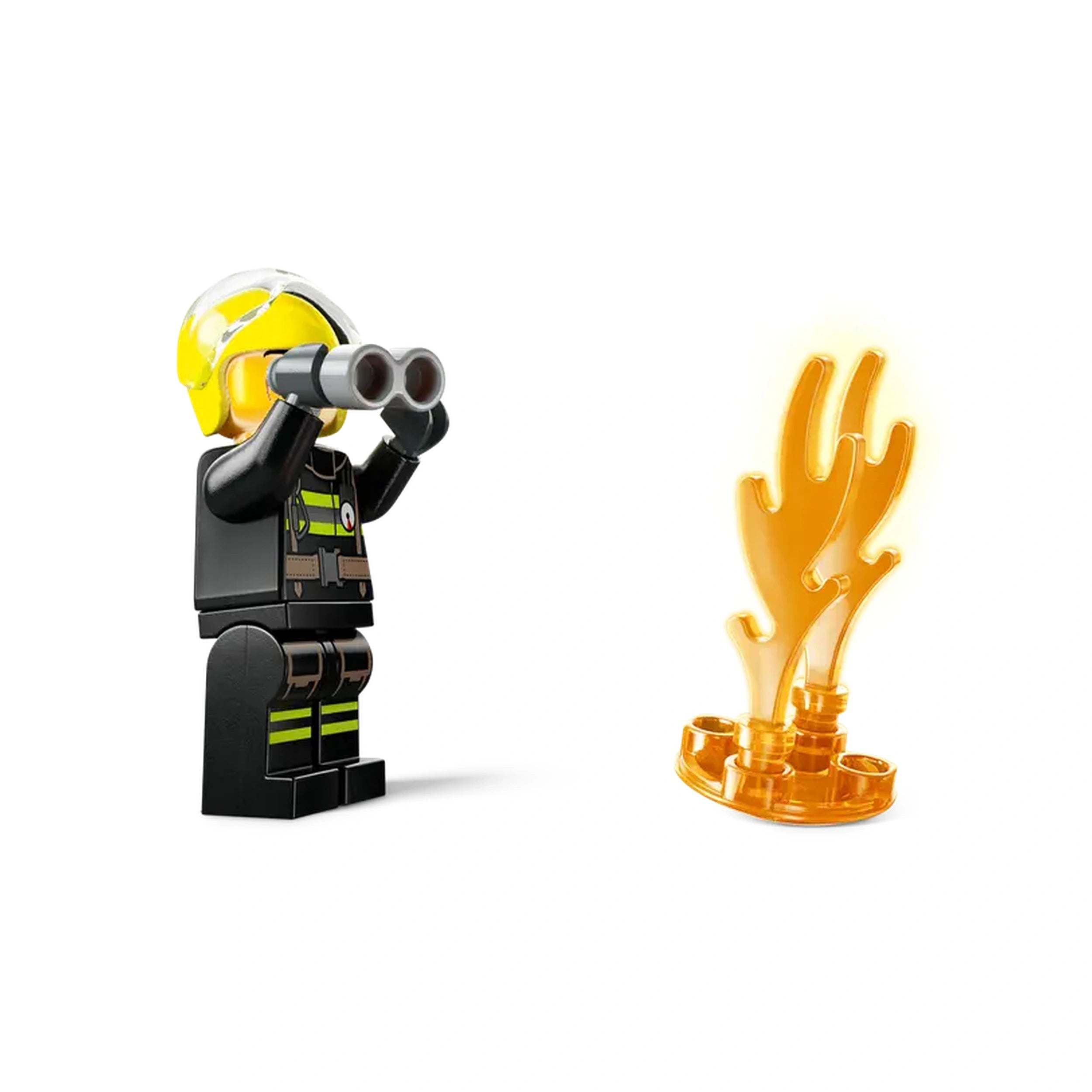 LEGO firefighter minifigure wearing a black uniform and yellow helmet, holding binoculars, next to an orange flame element.