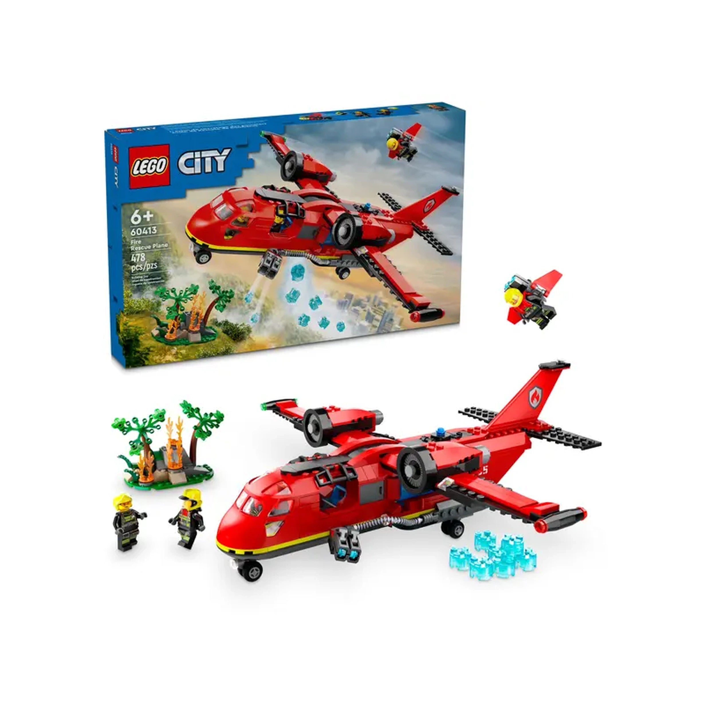LEGO City Fire Rescue Plane set features a vibrant red twin-engine aircraft, two minifigure firefighters, and a water drop function. The model includes a box depicting a firefighting scene with trees and fire, highlighting adventure and rescue play.