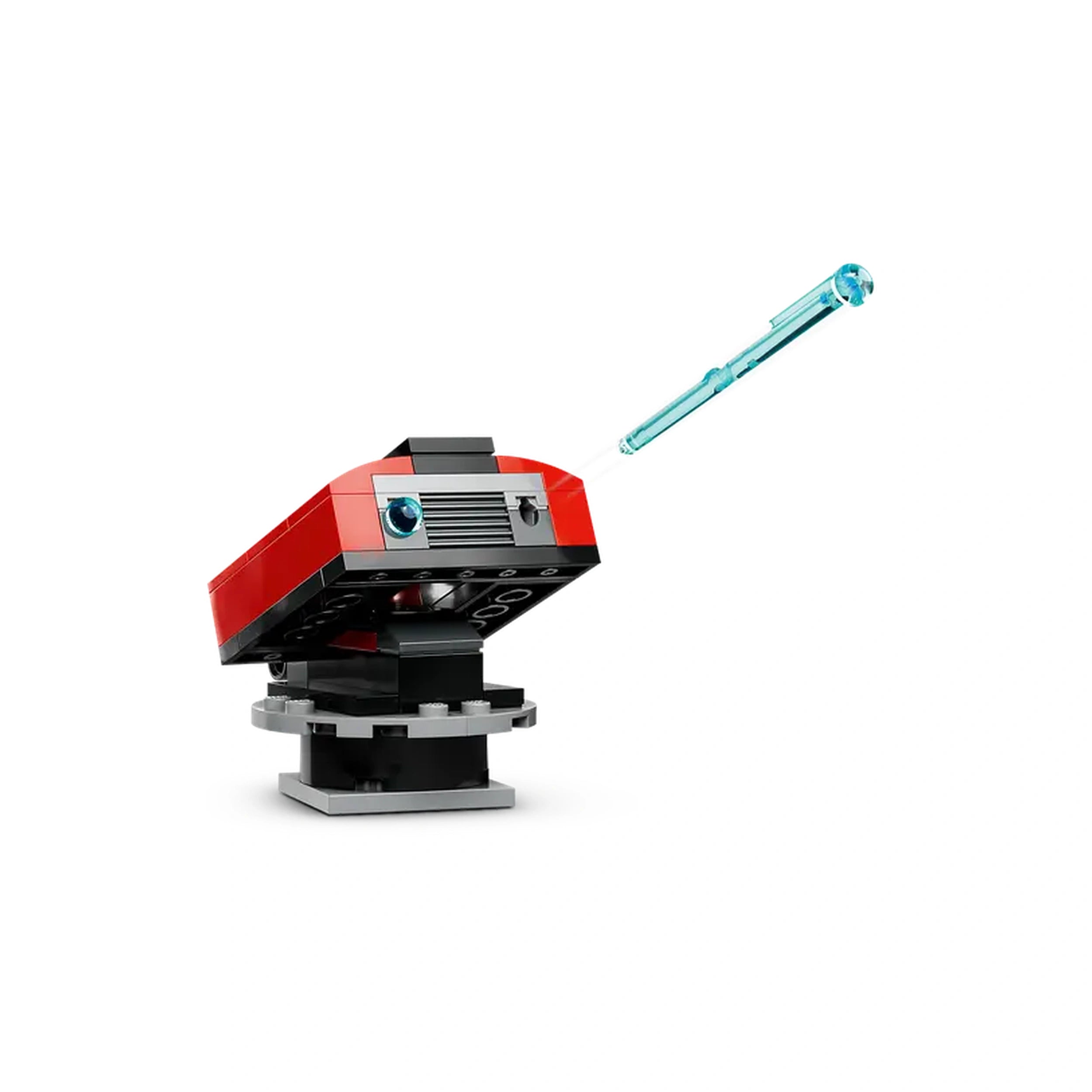 Bright red toy fire truck with a blue water hose attached, positioned on a black base, showcasing intricate design details.