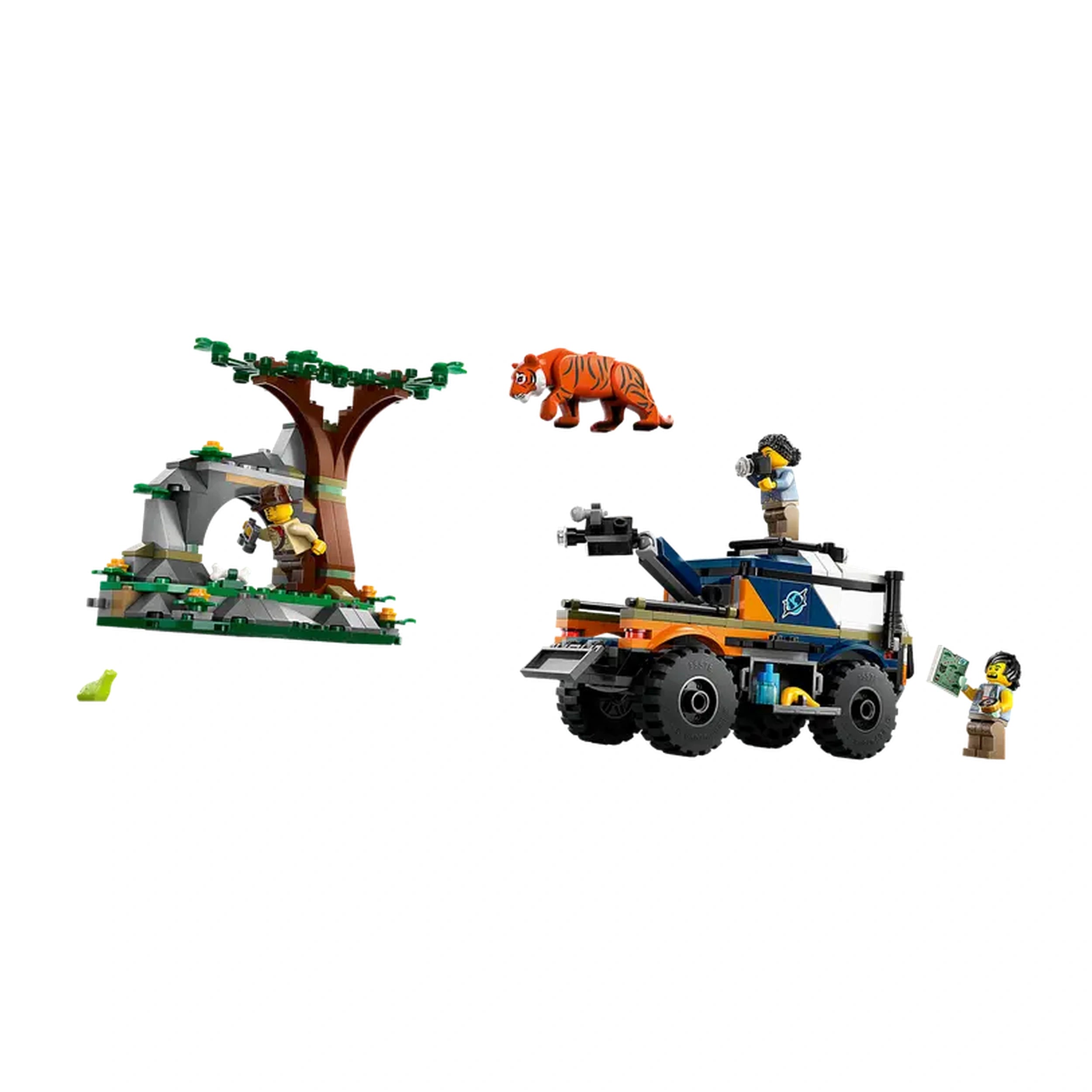 LEGO City Jungle Explorer Off-Road Truck set with three explorer minifigures and a tiger, featuring a cave backdrop and mobile camera boom.