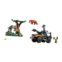 LEGO City Jungle Explorer Off-Road Truck set with three explorer minifigures and a tiger, featuring a cave backdrop and mobile camera boom.