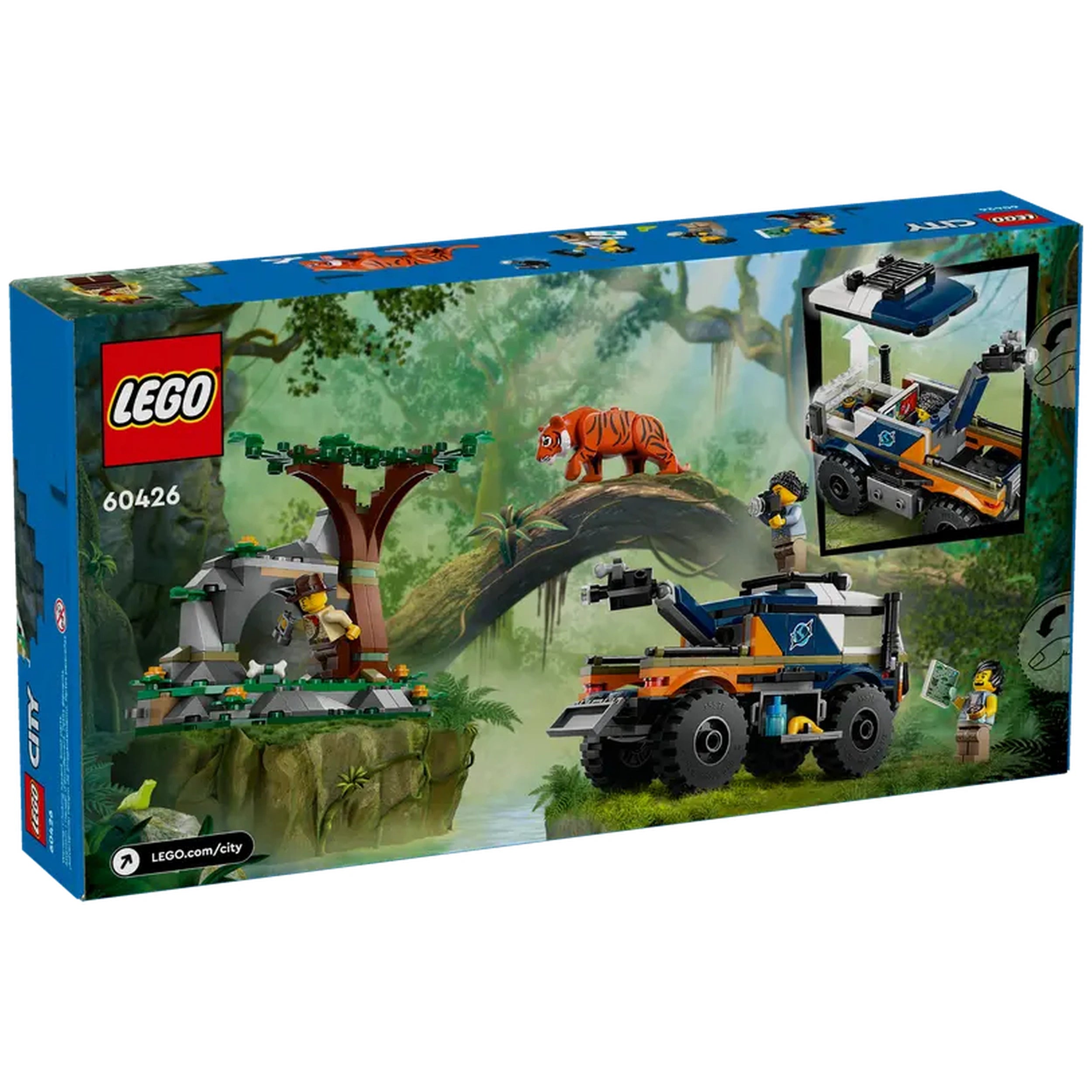 LEGO City Jungle Explorer Off-Road Truck set, featuring an off-road vehicle, explorer minifigures, and a tiger figure, set in a vibrant jungle landscape.