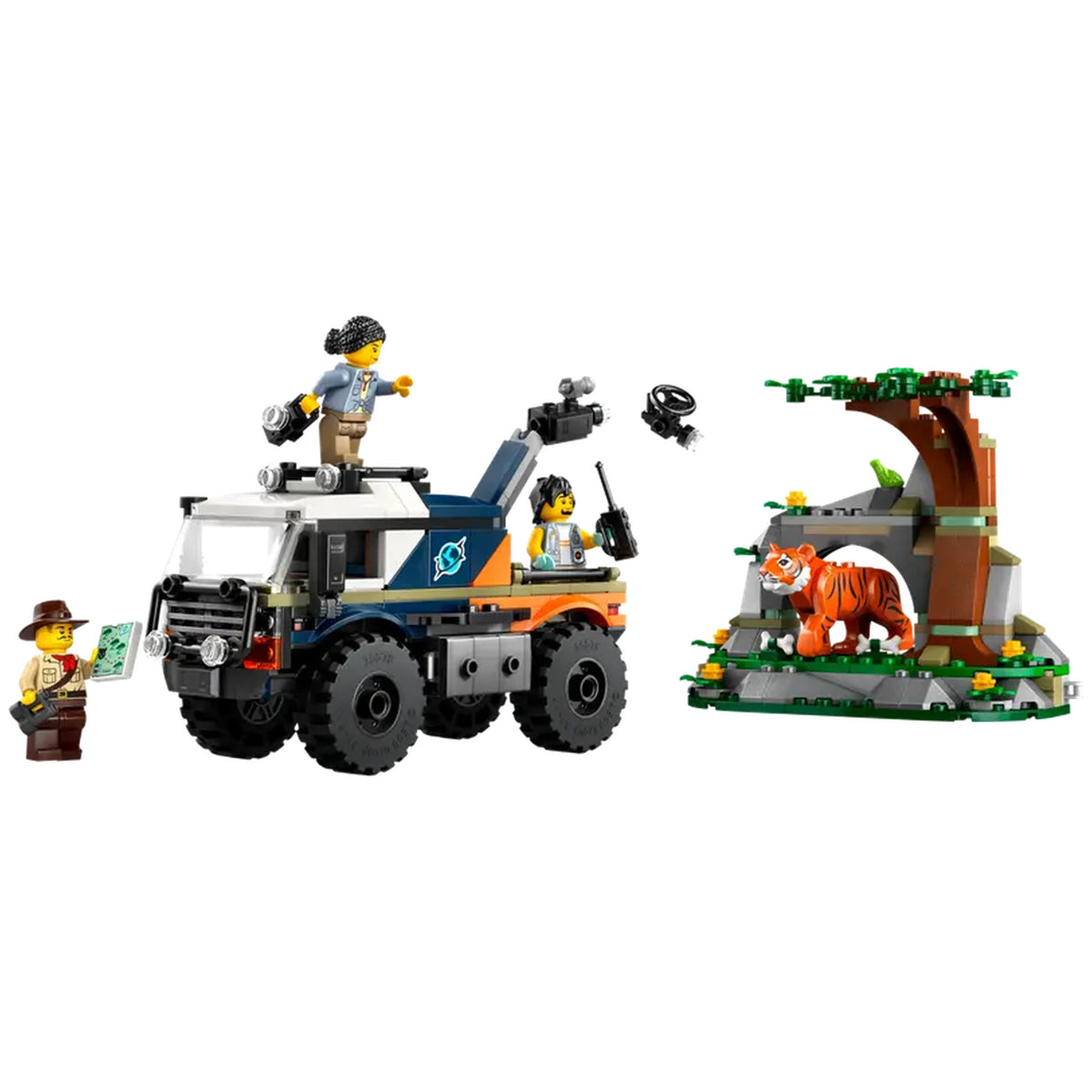 LEGO City Jungle Explorer Off-Road Truck construction set featuring a rugged truck with oversized tires, two explorer minifigures, and a vibrant jungle cave scene with a LEGO tiger. One figure holds a map, while another operates a camera boom.