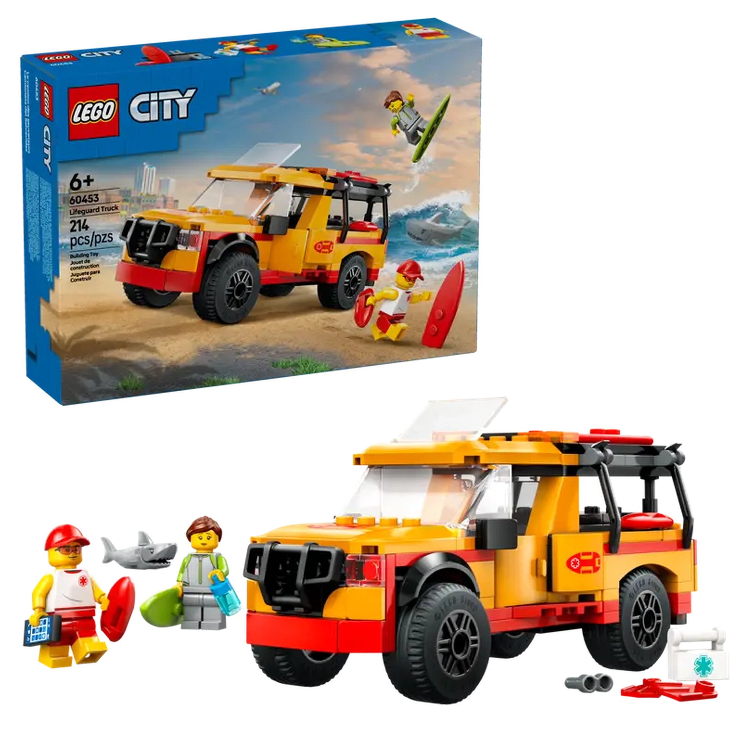 LEGO® City Lifeguard Truck set featuring a bright yellow off-road vehicle, with minifigures of a lifeguard and a surfer, accompanied by a shark figure and accessories like surfboards and a first aid kit.