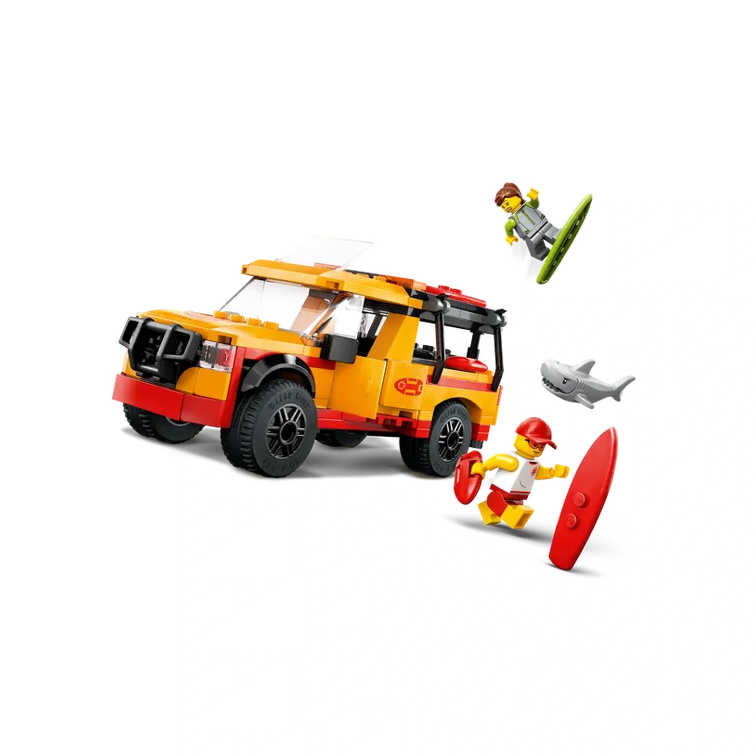 LEGO® City Lifeguard Beach Rescue Truck in vibrant yellow and red, featuring lifeguard and surfer minifigures, surfboards, and a shark.