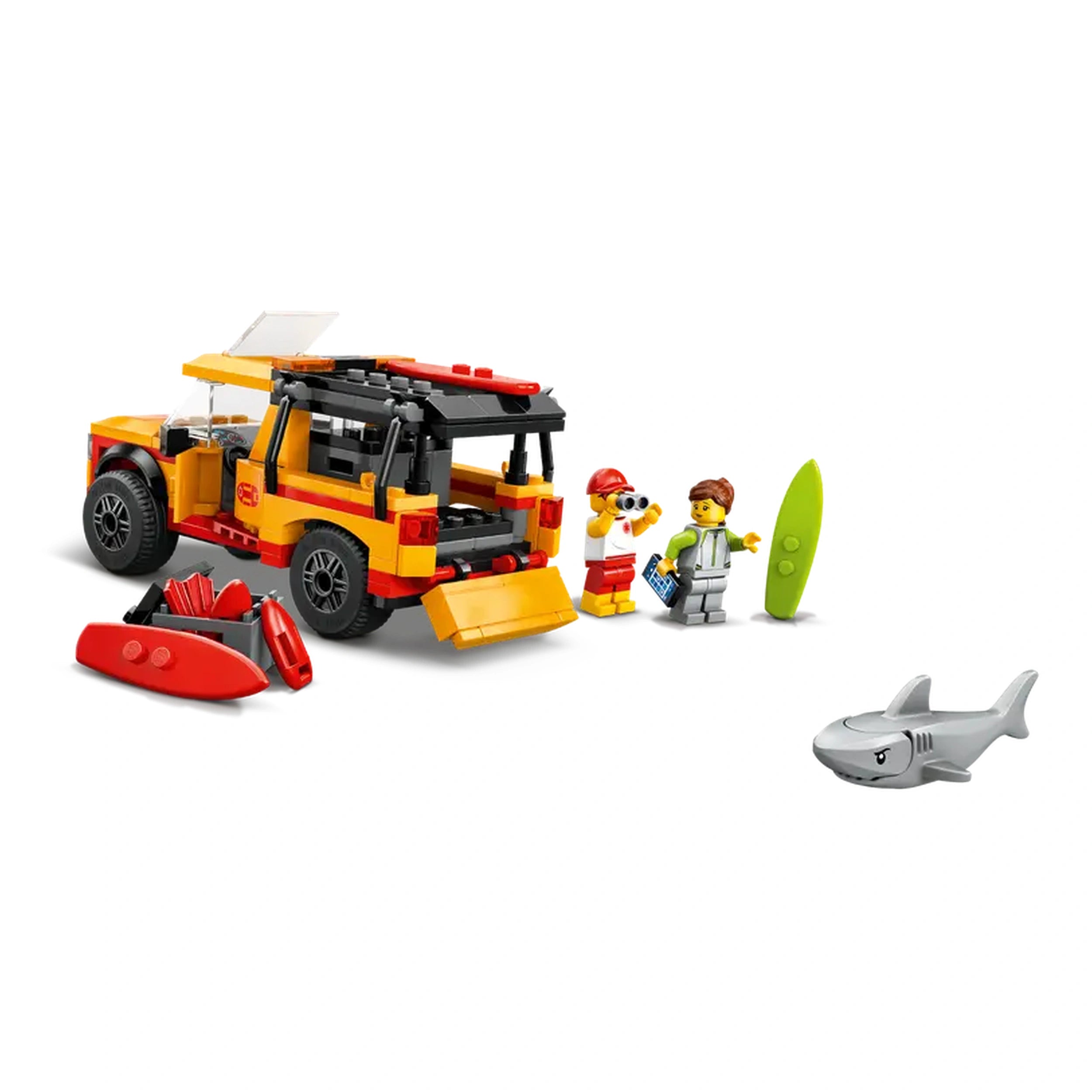 Lego City Lifeguard Beach Rescue Truck set featuring a yellow off-road vehicle, two minifigures, surfboards, and a shark figure.