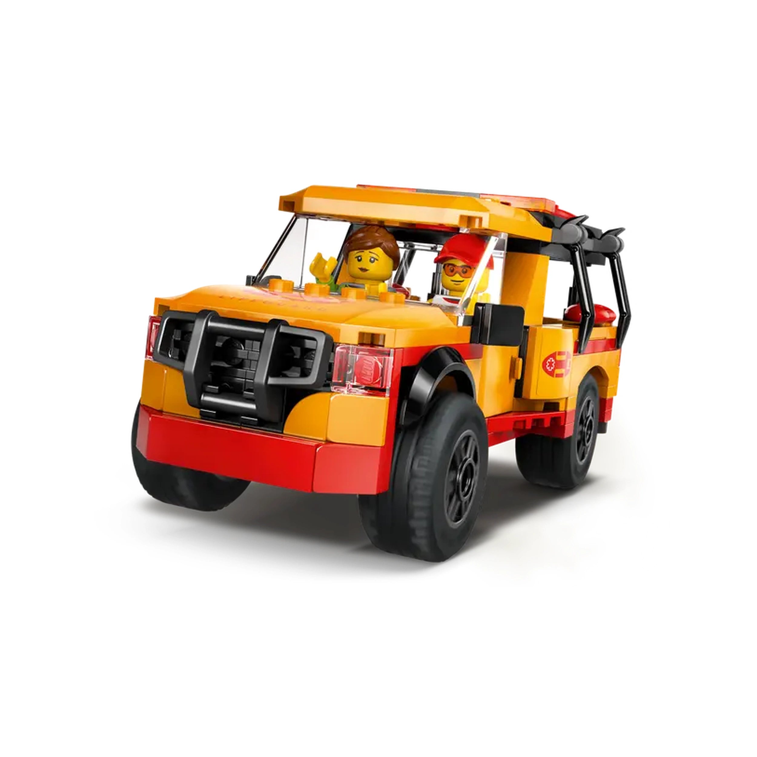 Bright yellow and red LEGO® City Lifeguard Beach Rescue Truck with two minifigures inside, featuring an open top, rugged wheels, and emergency gear.