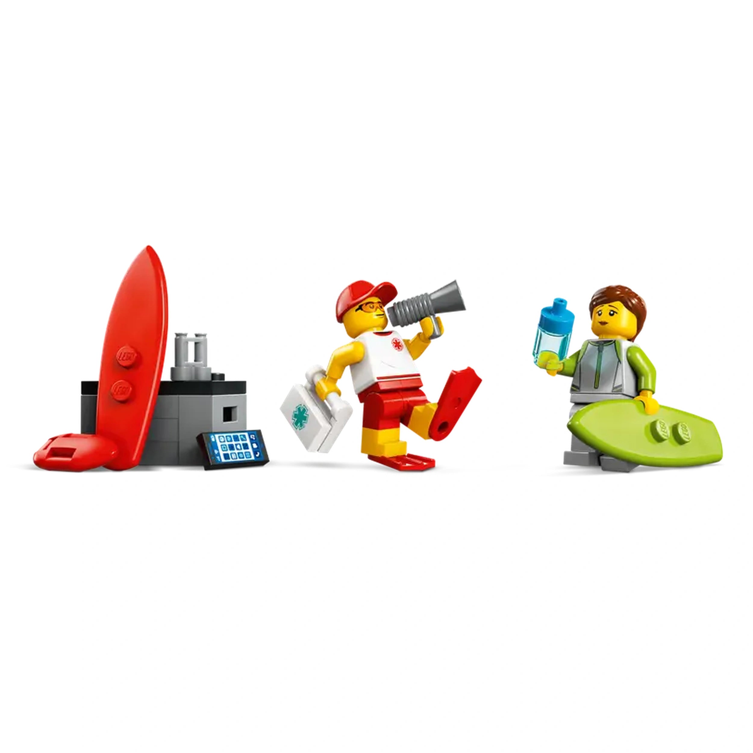 Lifeguard and surfer LEGO minifigures with accessories, including a red surfboard, first aid kit, and a phone, set against a white background.