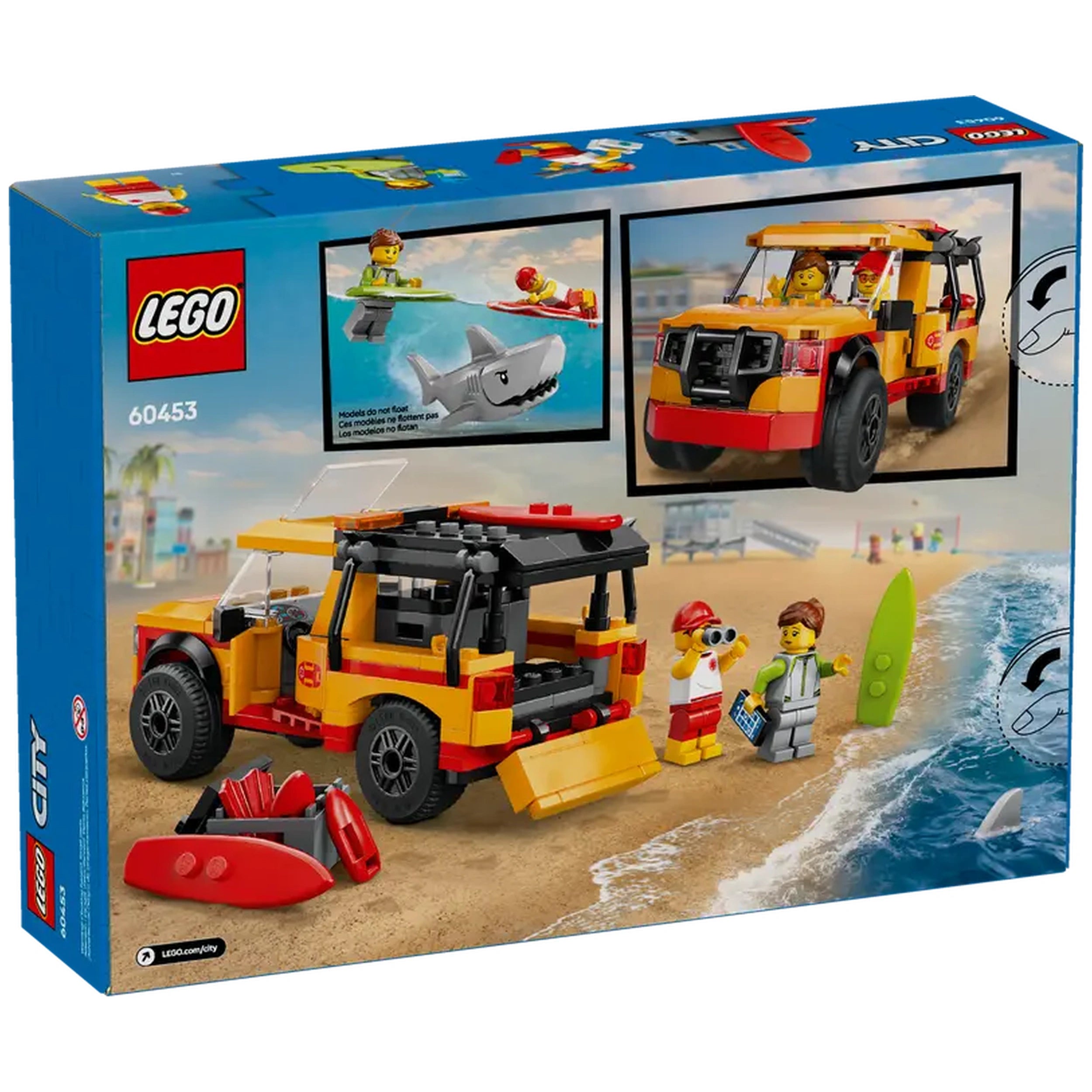 LEGO City Lifeguard Beach Rescue Truck set showcasing a bright yellow off-road truck, lifeguard and surfer minifigures, surfboards, and a shark figure on a sandy beach.