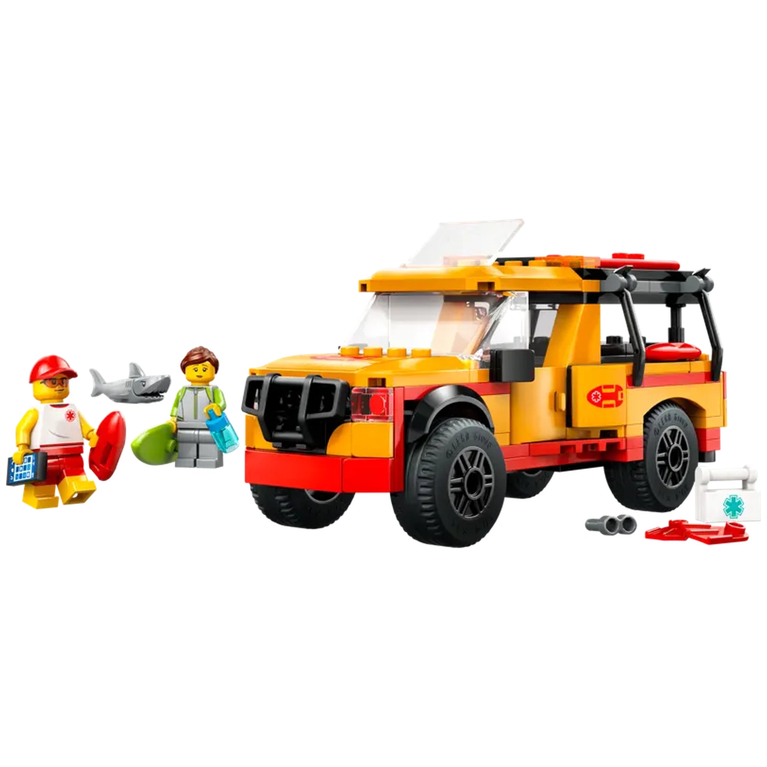 Lifeguard Beach Rescue Truck set with vibrant orange and black colors, featuring a truck, surfboards, and two minifigures near a shark.