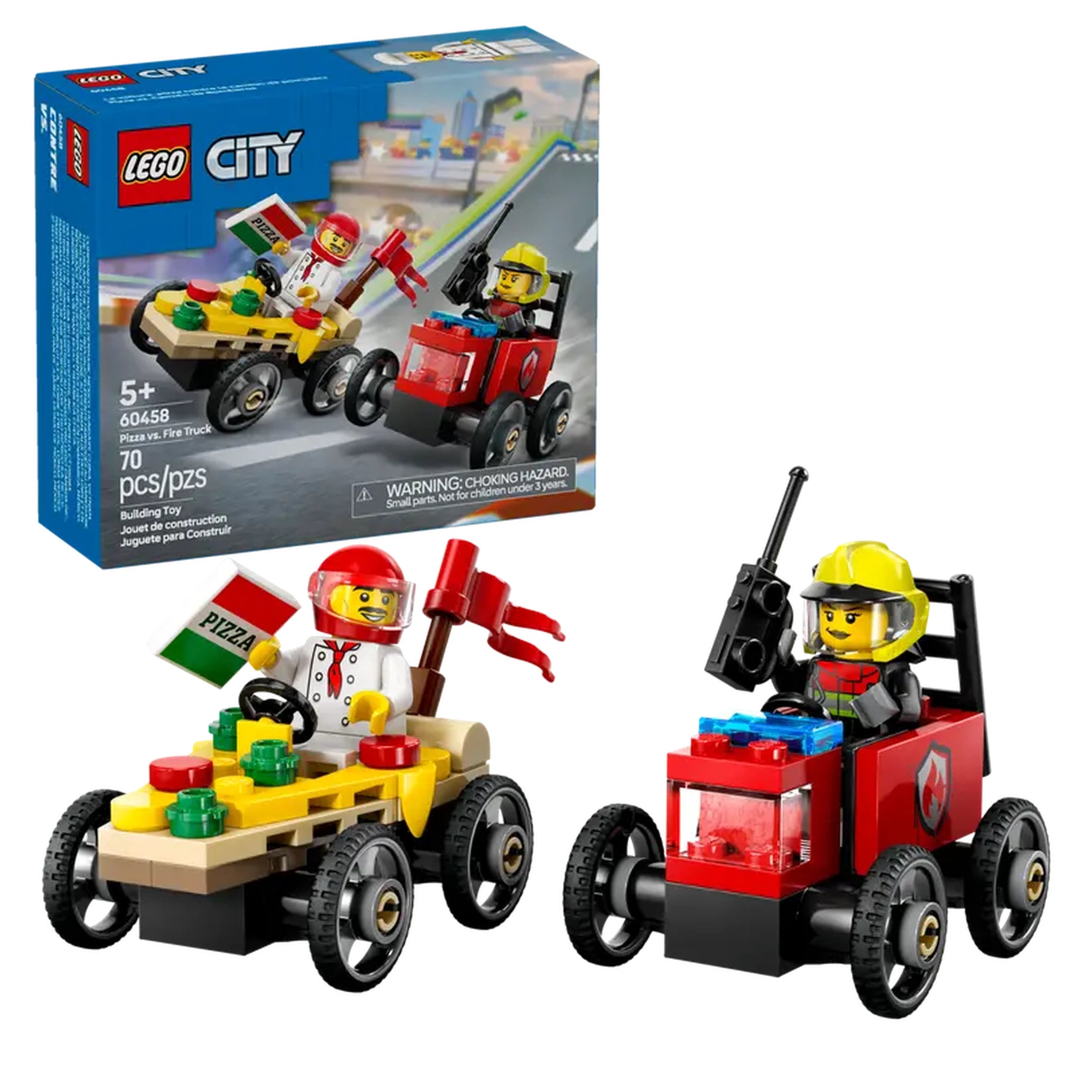 LEGO City Pizza vs. Fire Truck Race Car Pack featuring a yellow pizza car with a chef holding a flag and a red fire truck with a firefighter, both on a display box.