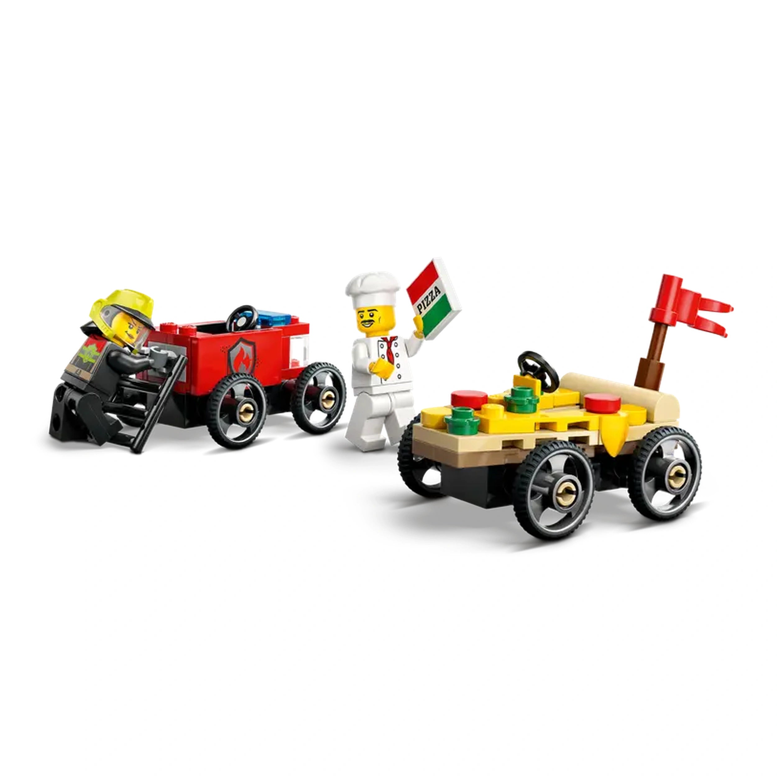 Two LEGO® minifigures stand next to colorful soapbox race cars. A firefighter in yellow gear faces a chef holding a pizza sign, while the fire truck is red and sleek, and the pizza car is yellow with colorful toppings.
