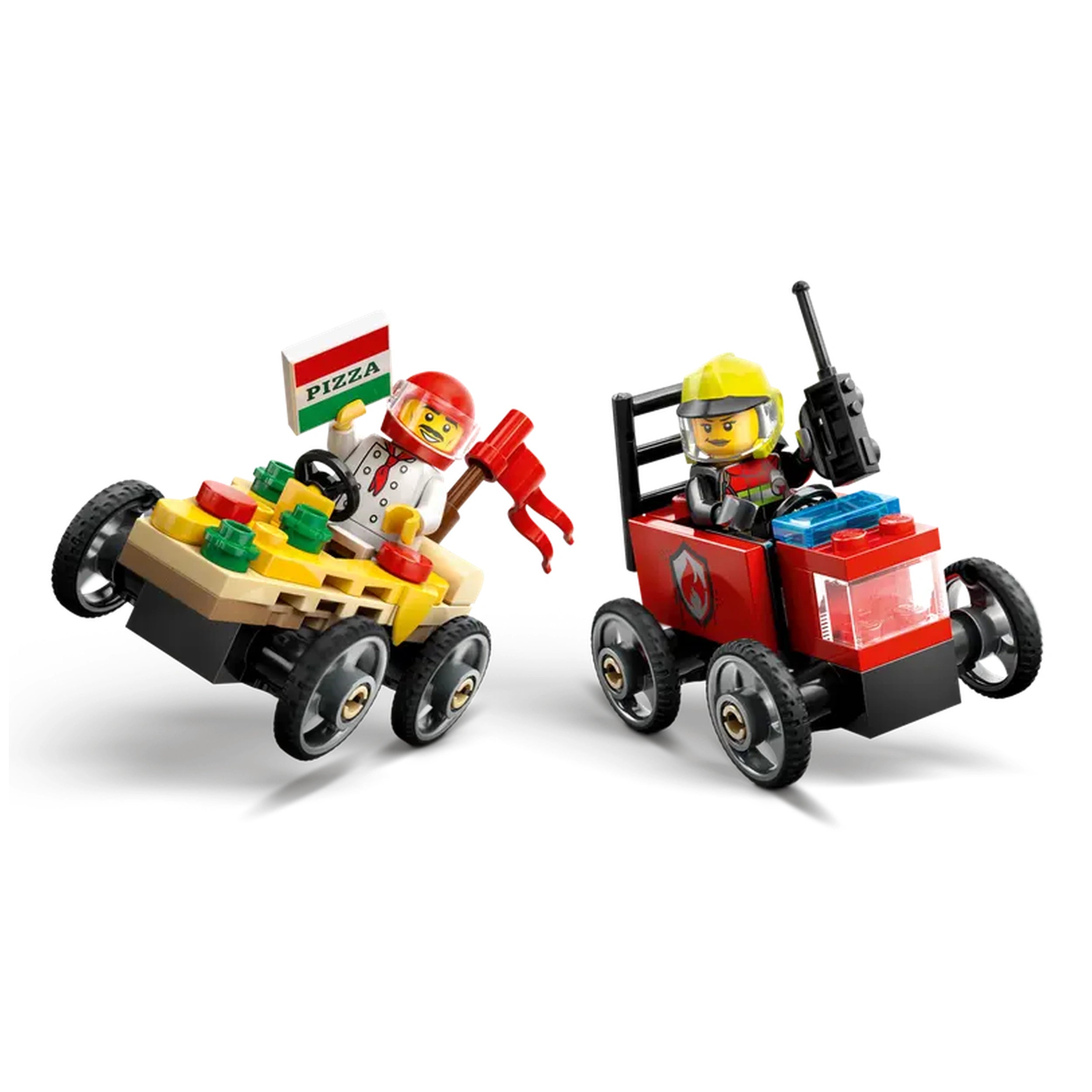 Chef in a pizza slice race car holding a "Pizza" sign, facing a firefighter in a red fire truck. Both cars have four wheels.