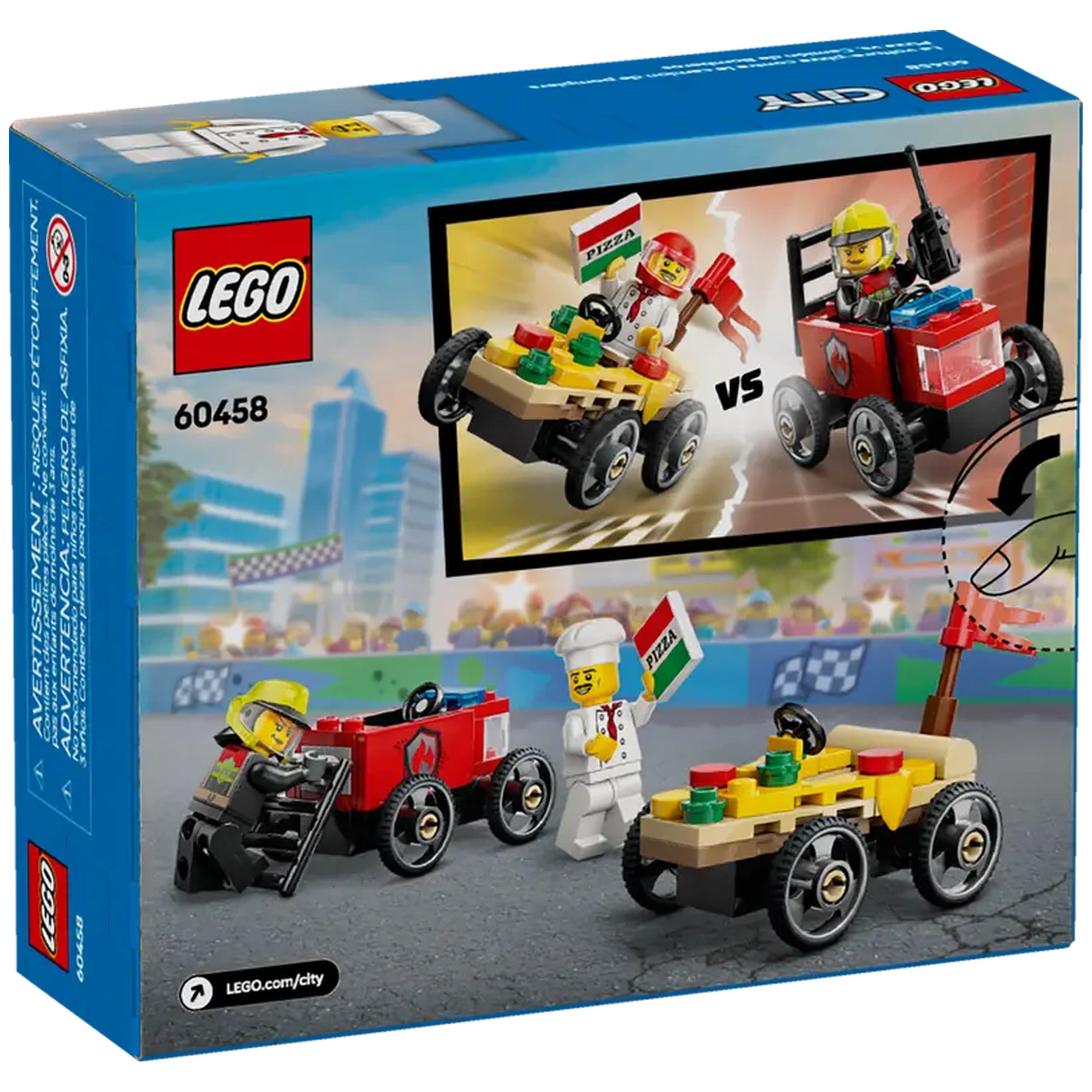 LEGO® City Pizza vs. Fire Truck Race Car Pack features two colorful race cars, one shaped like a pizza slice and the other a vibrant fire truck. Two minifigures, a chef and a firefighter, stand beside their vehicles, ready for action. The background includes a racing scene with flags and cheering spectators.